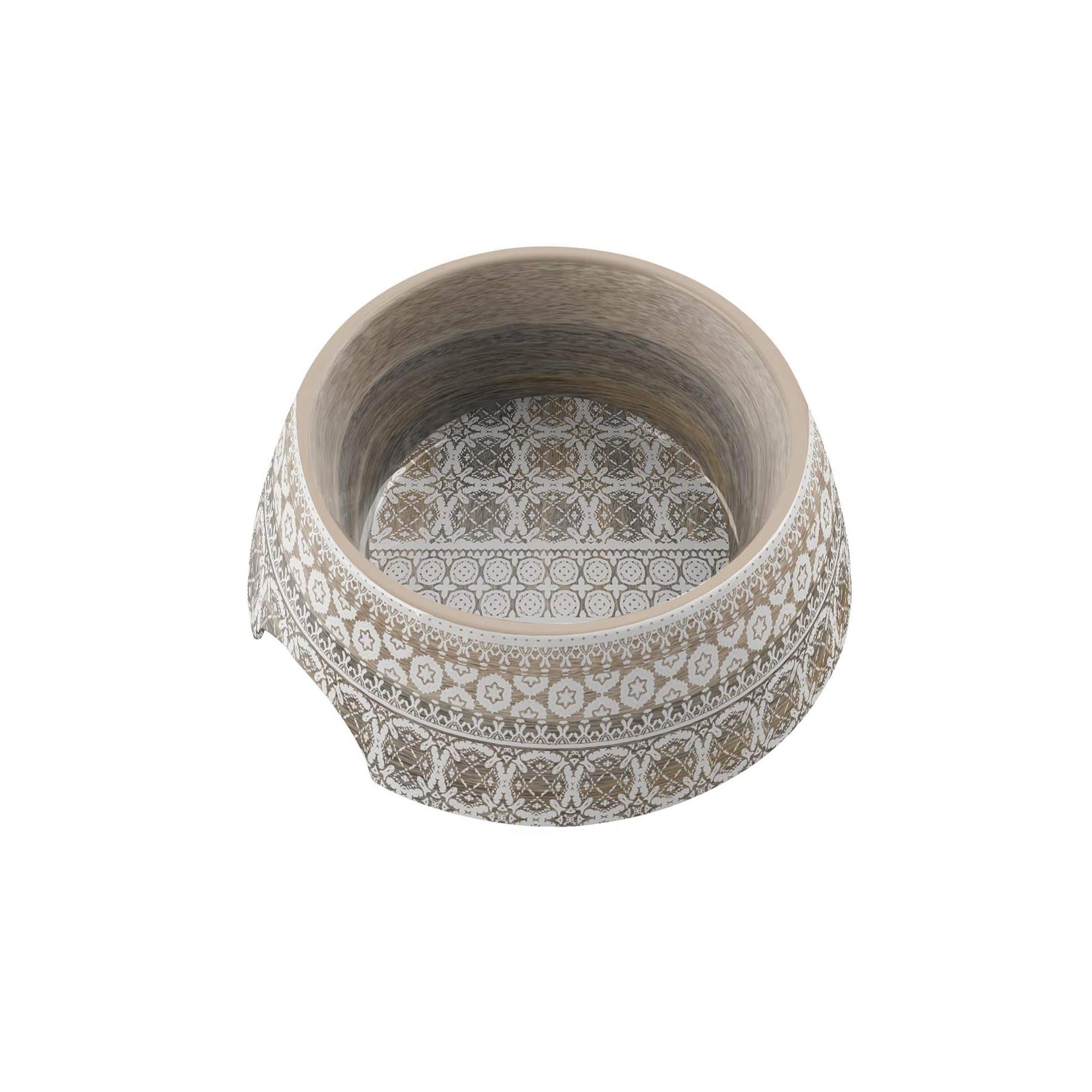 Lightweight melamine Moroccan Wood pet bowl with white Moroccan print on wooden-effect background.