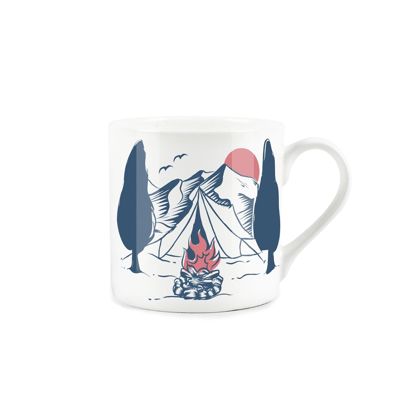 White bone china mug featuring campsite at the bottom of a mountain design