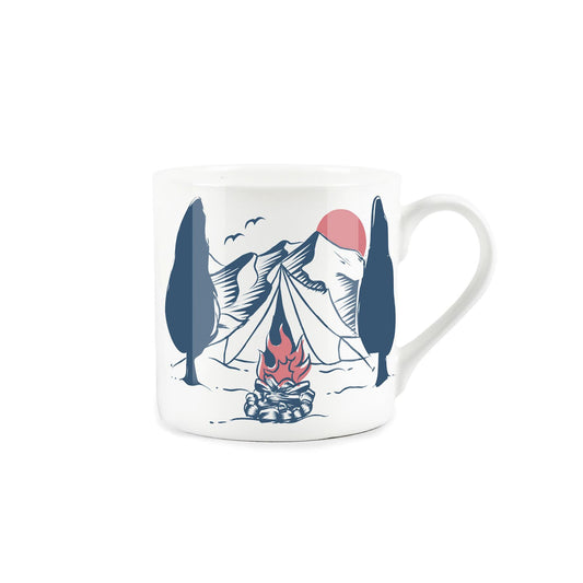 White bone china mug featuring campsite at the bottom of a mountain design