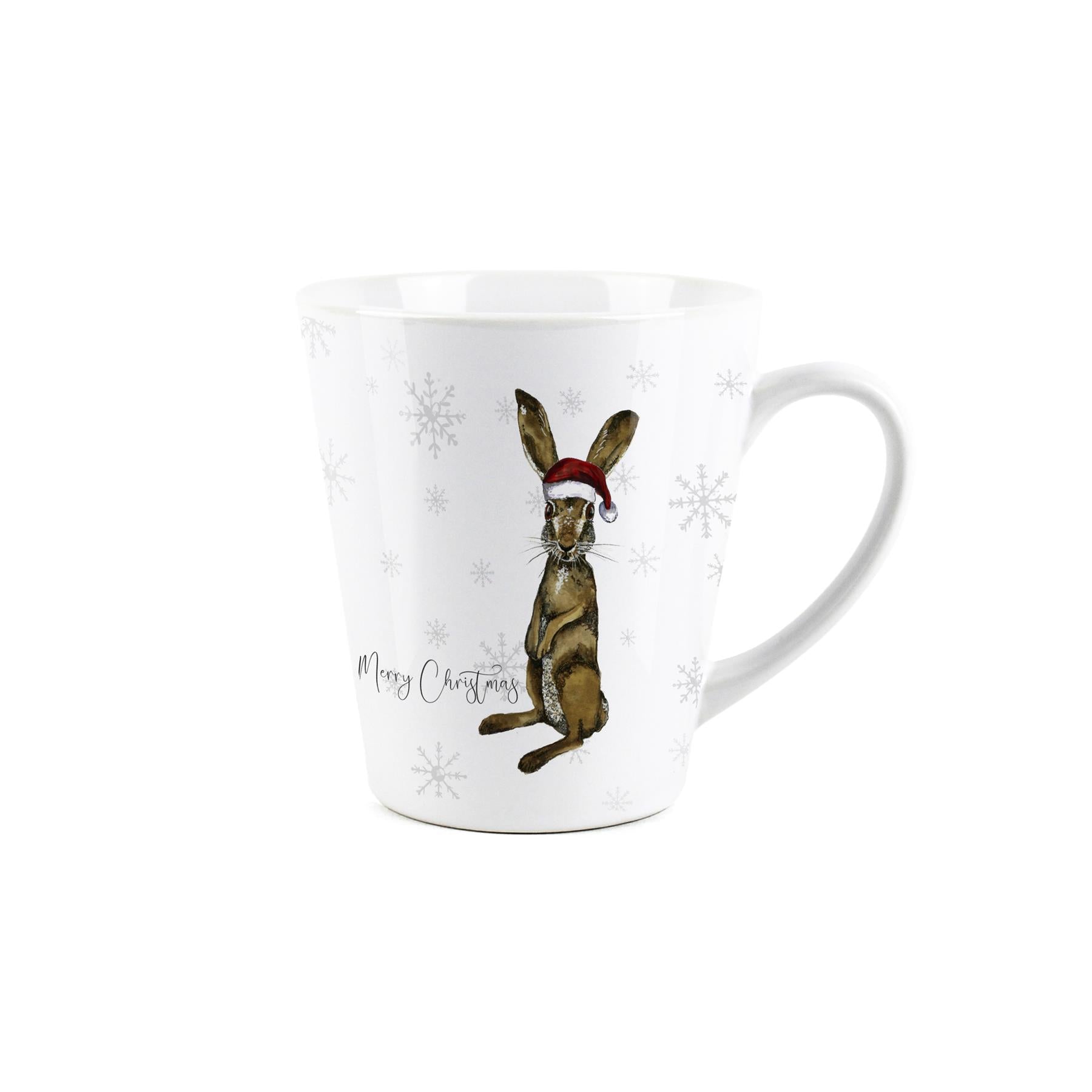 Small white latte mug with harry hare merry charistmas design