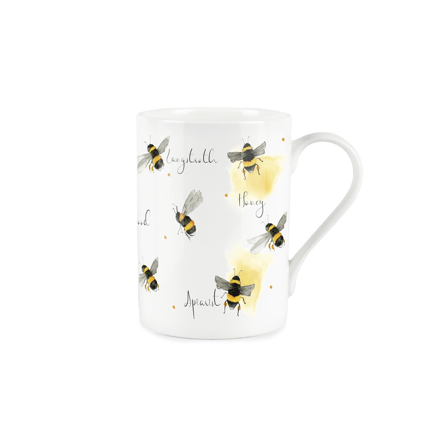 Watercolour bee and bee jargon design on a white bone china mug