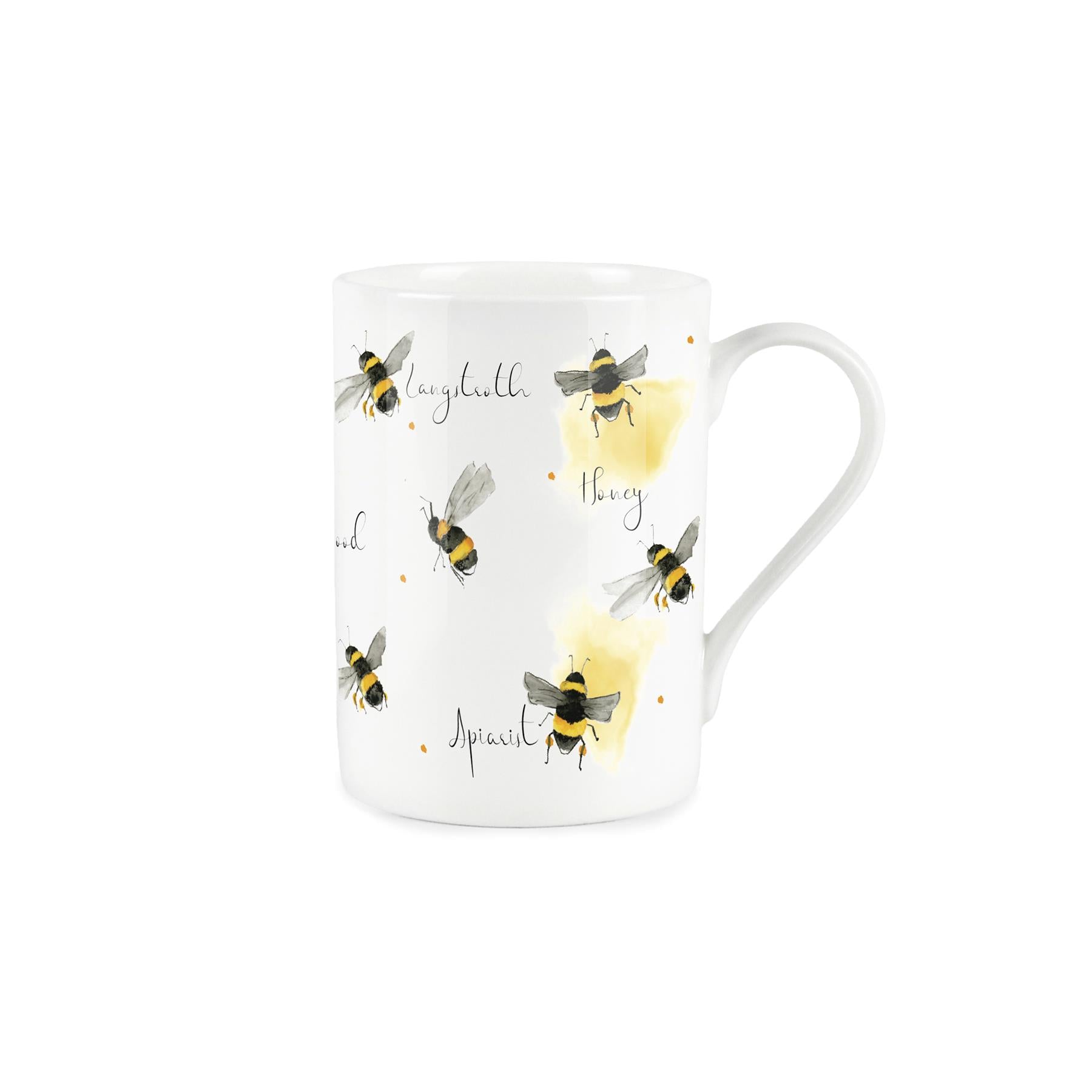 Watercolour bee and bee jargon design on a white bone china mug