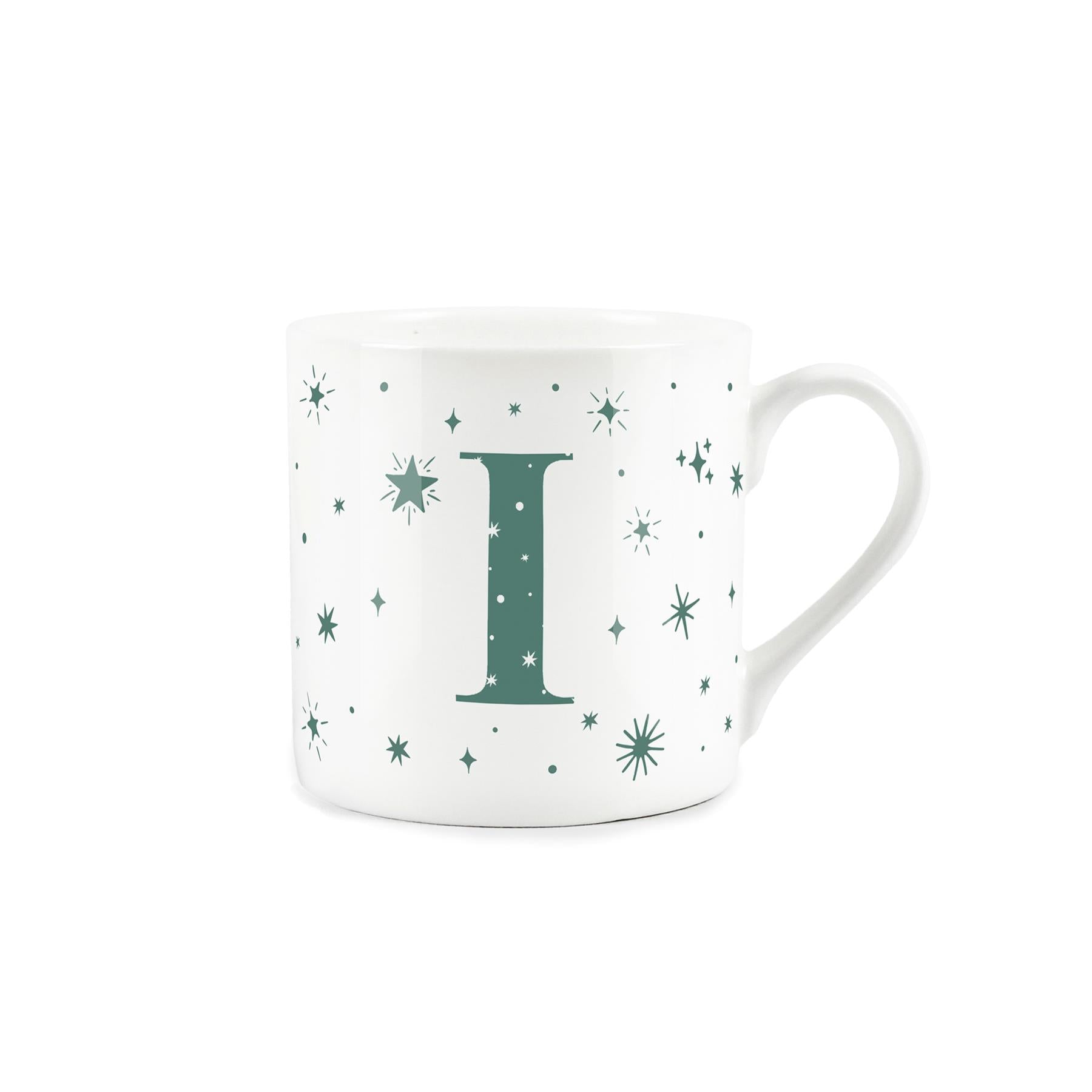 White bone china mug with green stars and letter 'I' alphabet design