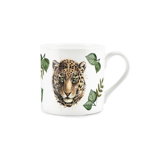 White bone china mug featuring leopard and leaves