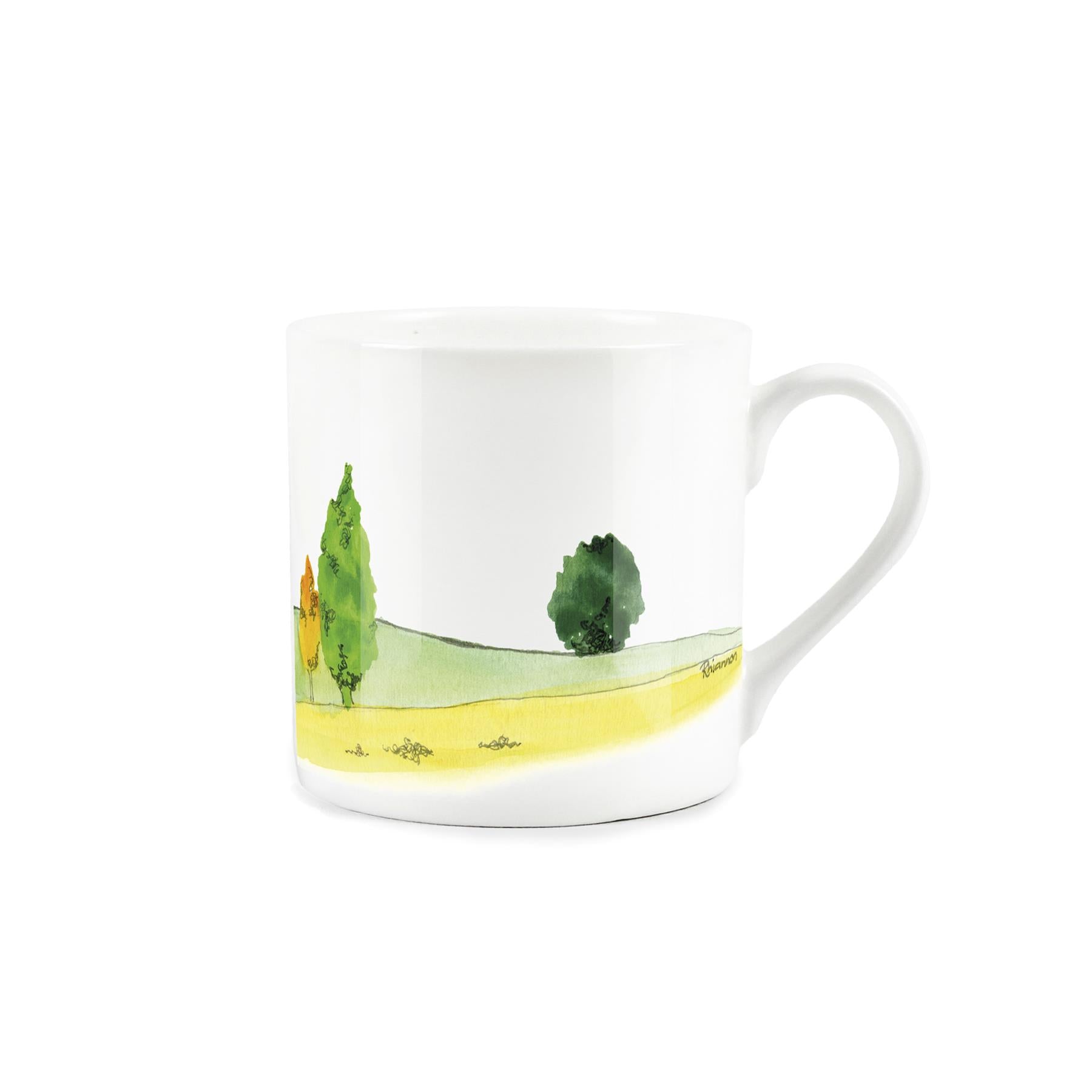 China mug featuring artwork depicting maple trees within a pastoral environment