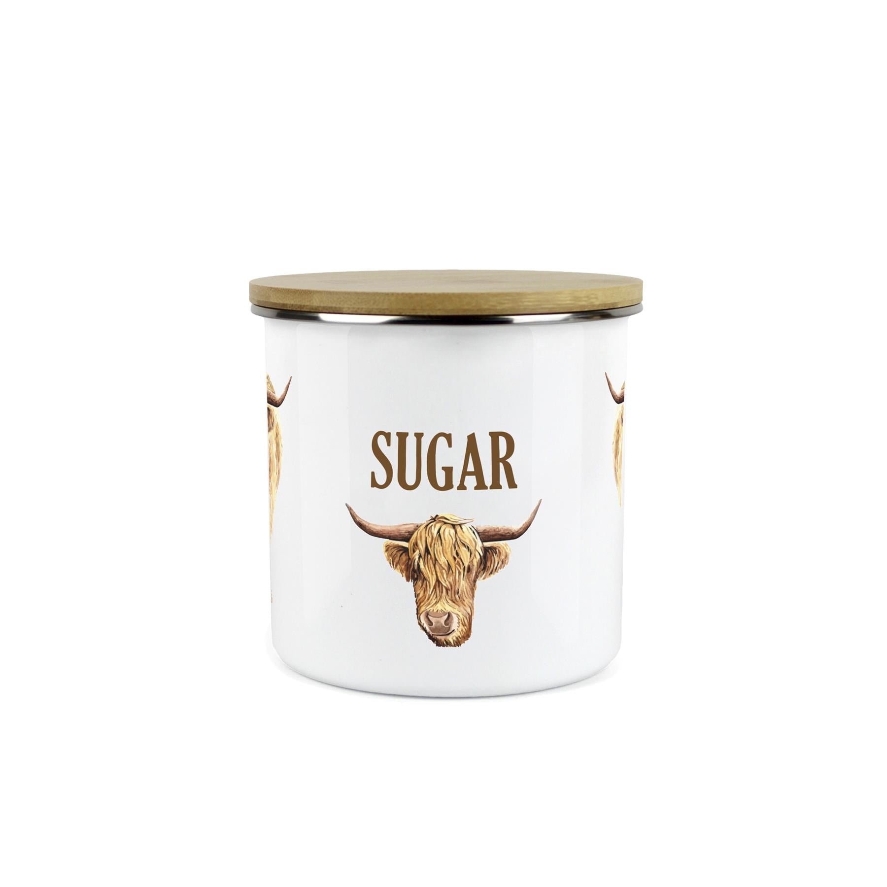 Sugar Highland Cow Storage Canister - Enamel & Bamboo Kitchen Storage Jar