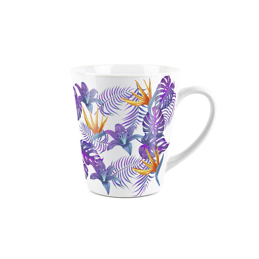 Small white latte mug featuring tropical flower design