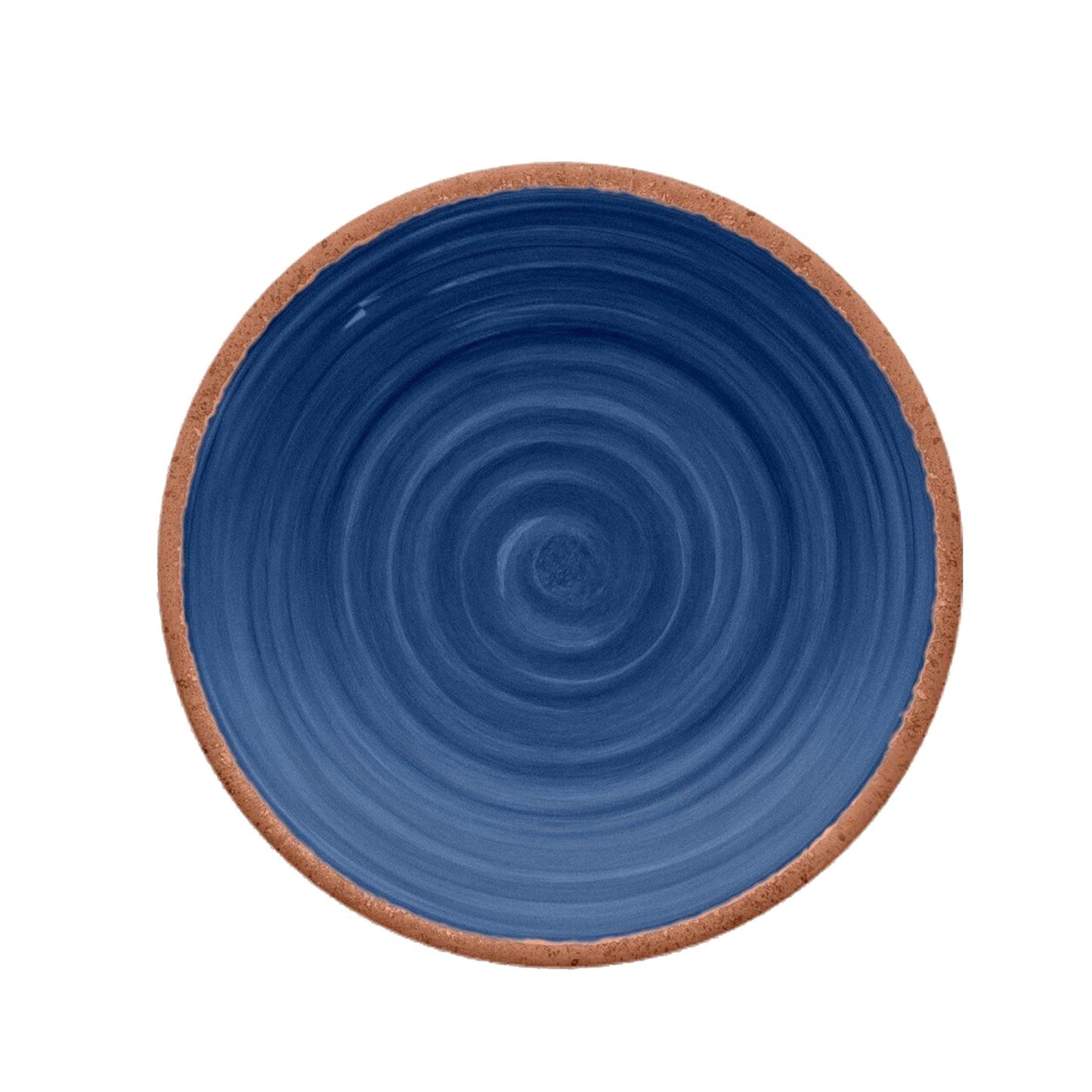 Melamine side plate featuring vibrant indigo swirl design and terracotta rim