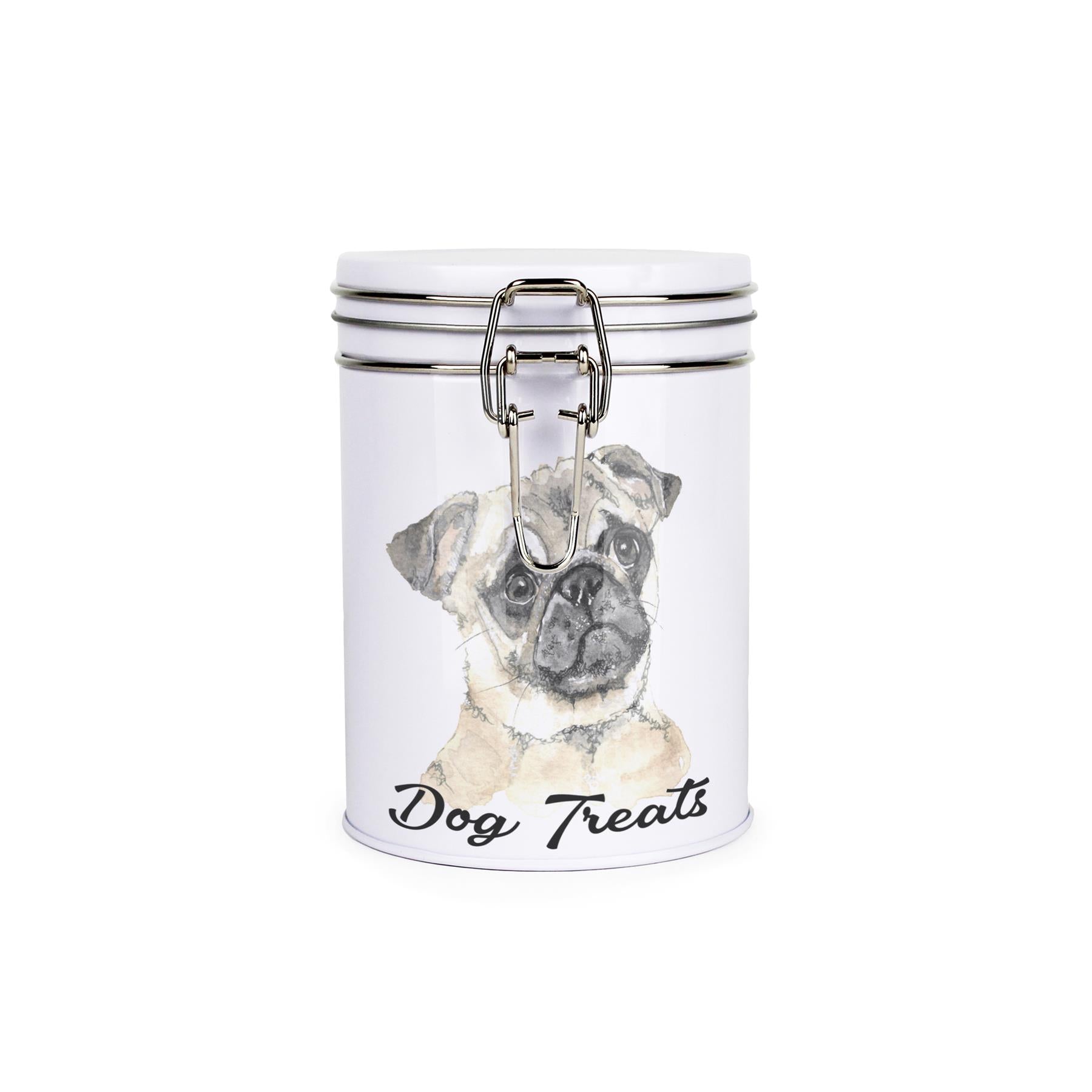 White tinplate canister with metal clip and lid featuring the face of a Pug with the caption 'Dog Treats'