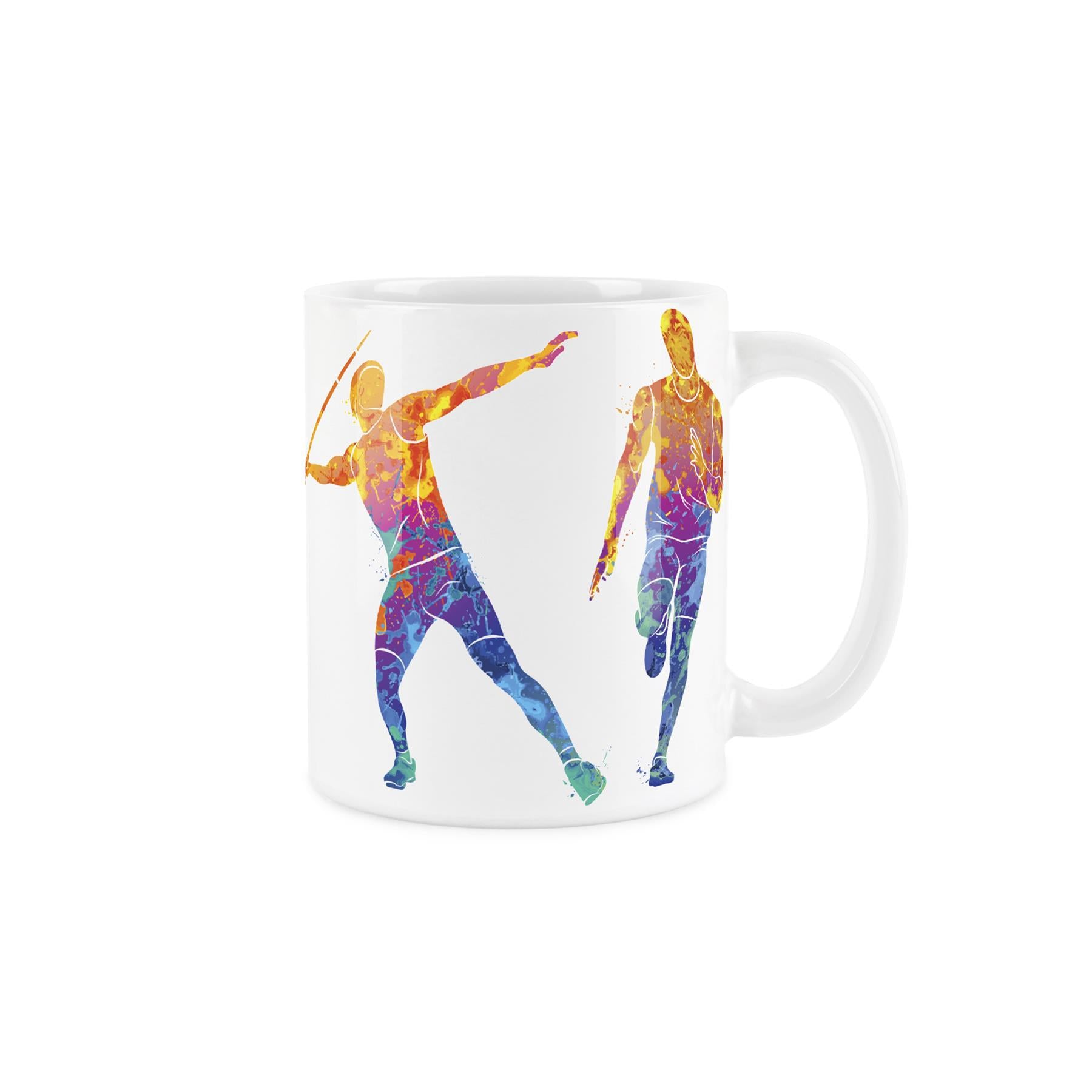 White ceramic mug featuring vibrant, paint-splattered depiction of people playing volleyball