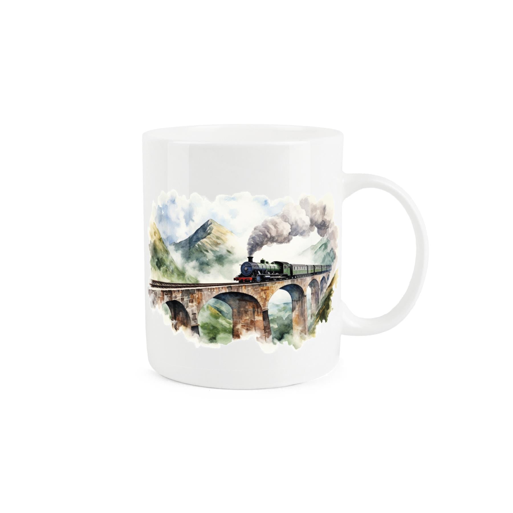 Steam train-themed white bone china mug with a scene of a train moving across a bridge.
