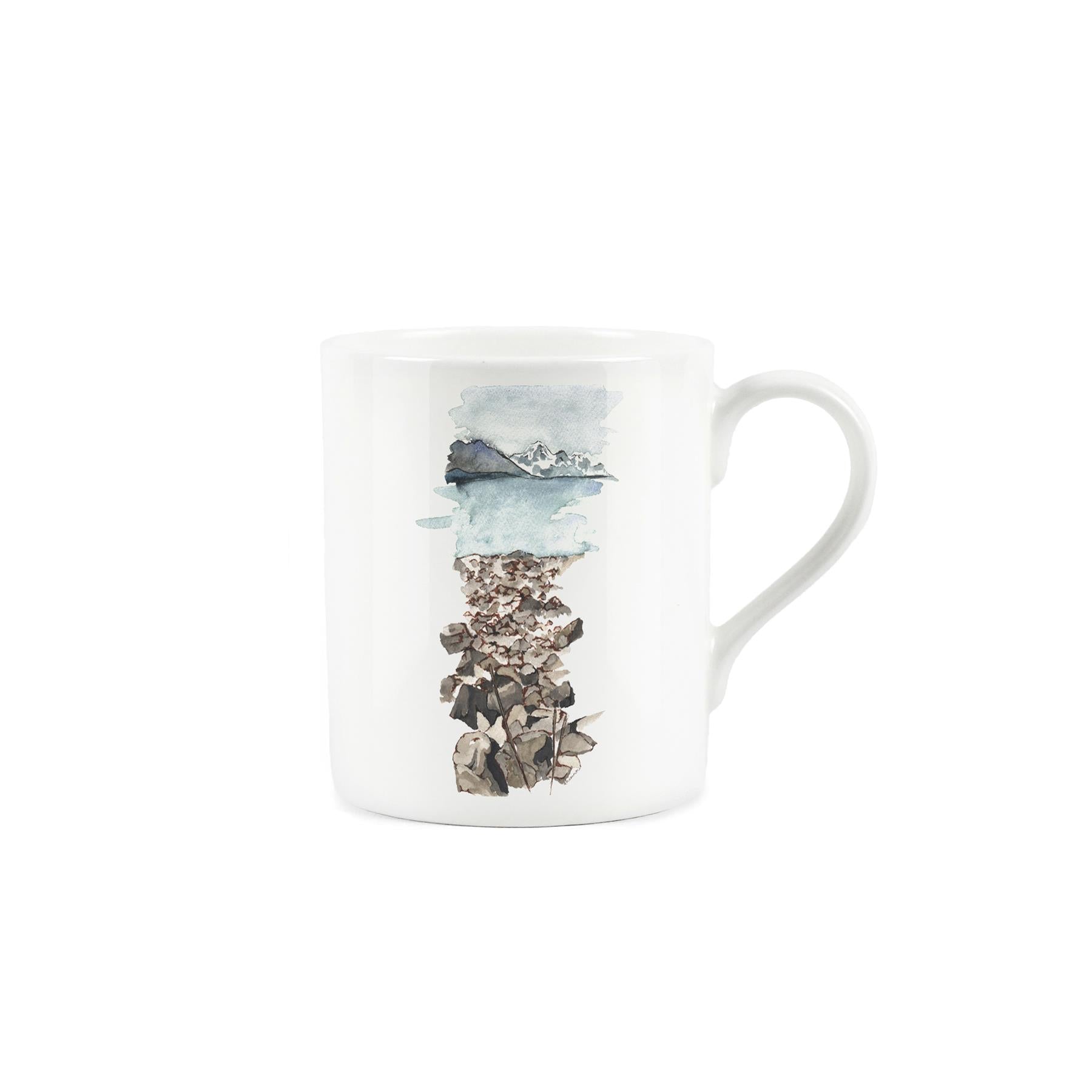 White bone china mug featuring glacier artwork