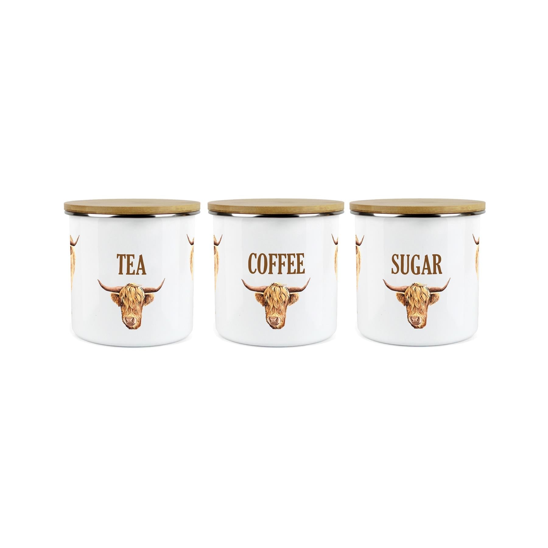 Tea, Coffee & Sugar Highland Cow Canisters - 3x Enamel Kitchen Storage Jar
