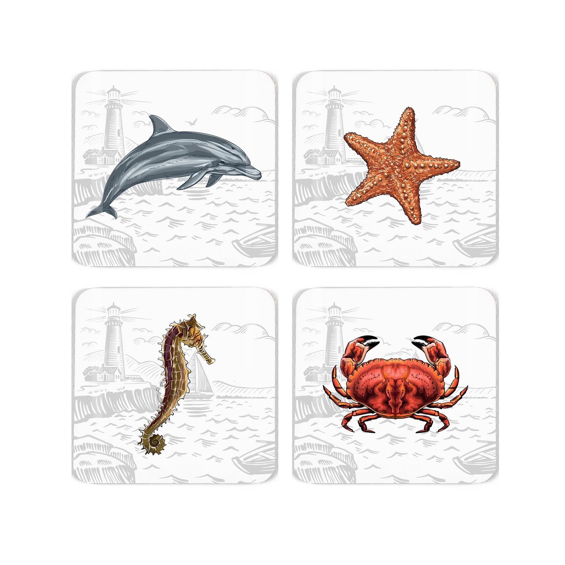 Four cork coasters featuring four popular sea animals on a muted grey seaside background