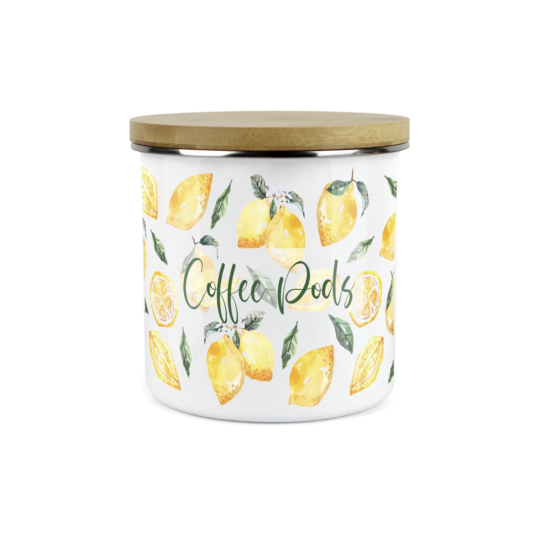 Coffee Pods Storage Canister - Watercolour Lemons Enamel Kitchen Storage Jar