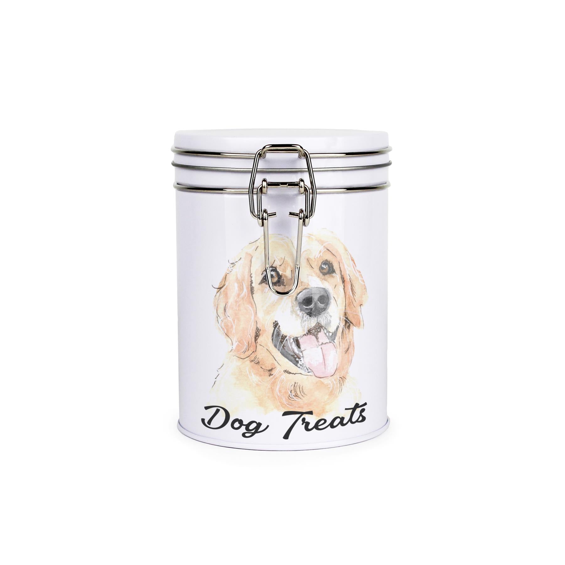 White tinplate canister with metal clip and lid featuring the face of a Golden Retriever with the caption 'Dog Treats'