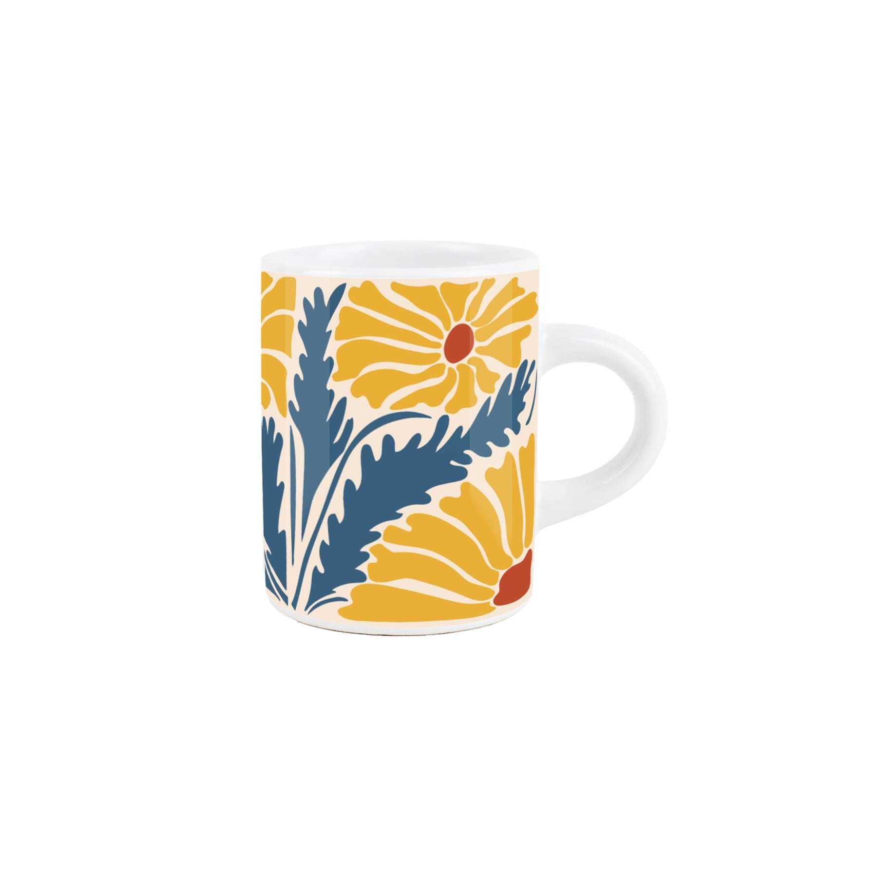 Small ceramic espresso mug featuring a charming blue and yellow floral design, perfect for your morning coffee ritual. 75ml capacity, dishwasher safe.