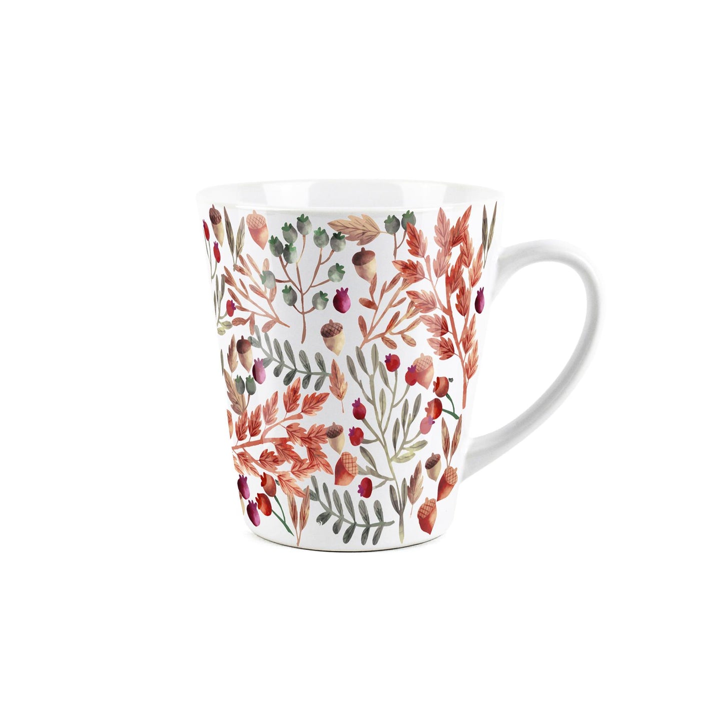 Small white latte mug featuring a autumn acorns design