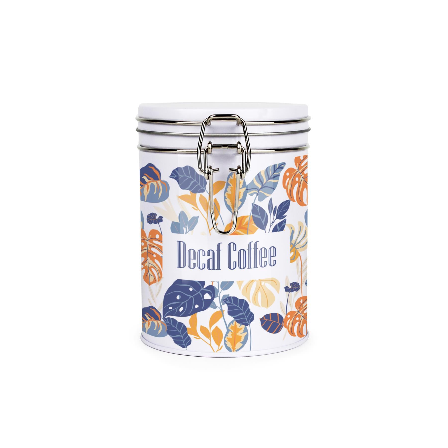 Metal canister with metal clip and lid featuring a bright, tropical leaves pattern in orange, cream, and blue shades and decaf coffee text