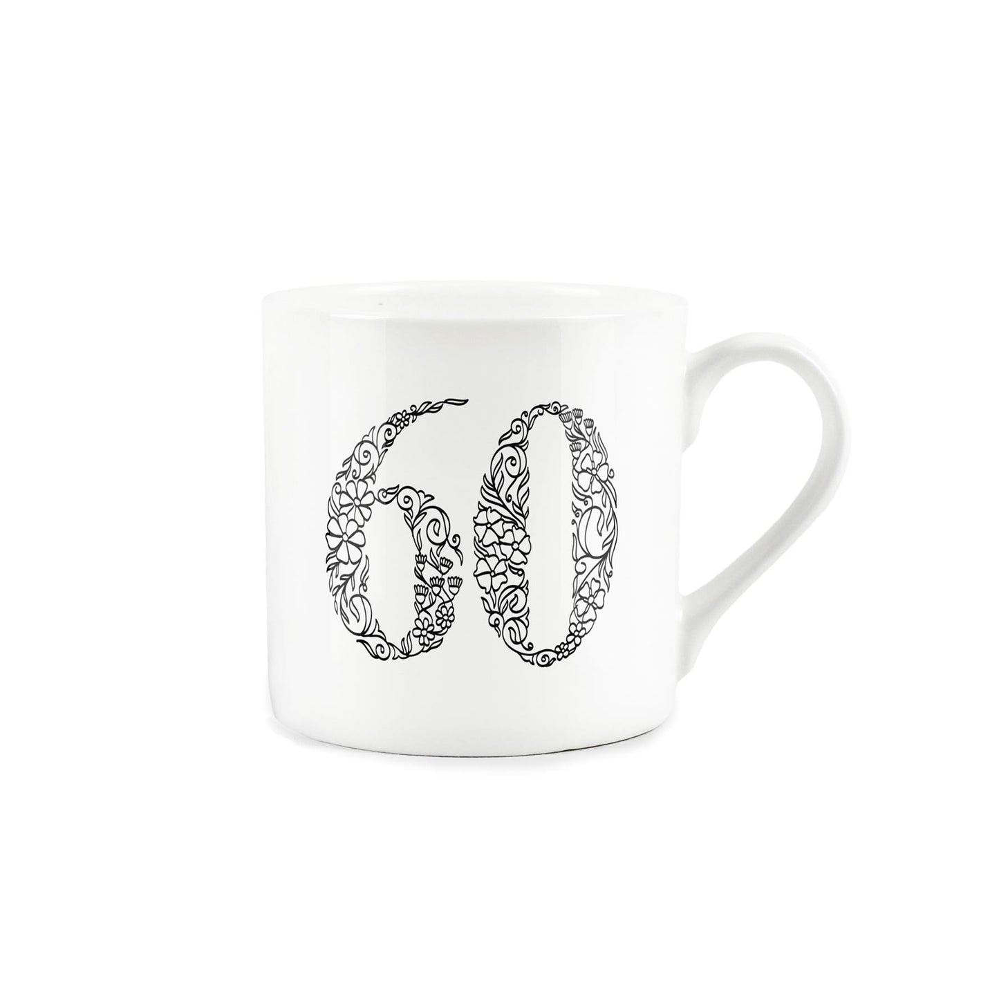 White bone china mug featuring number 60 in black floral line drawing