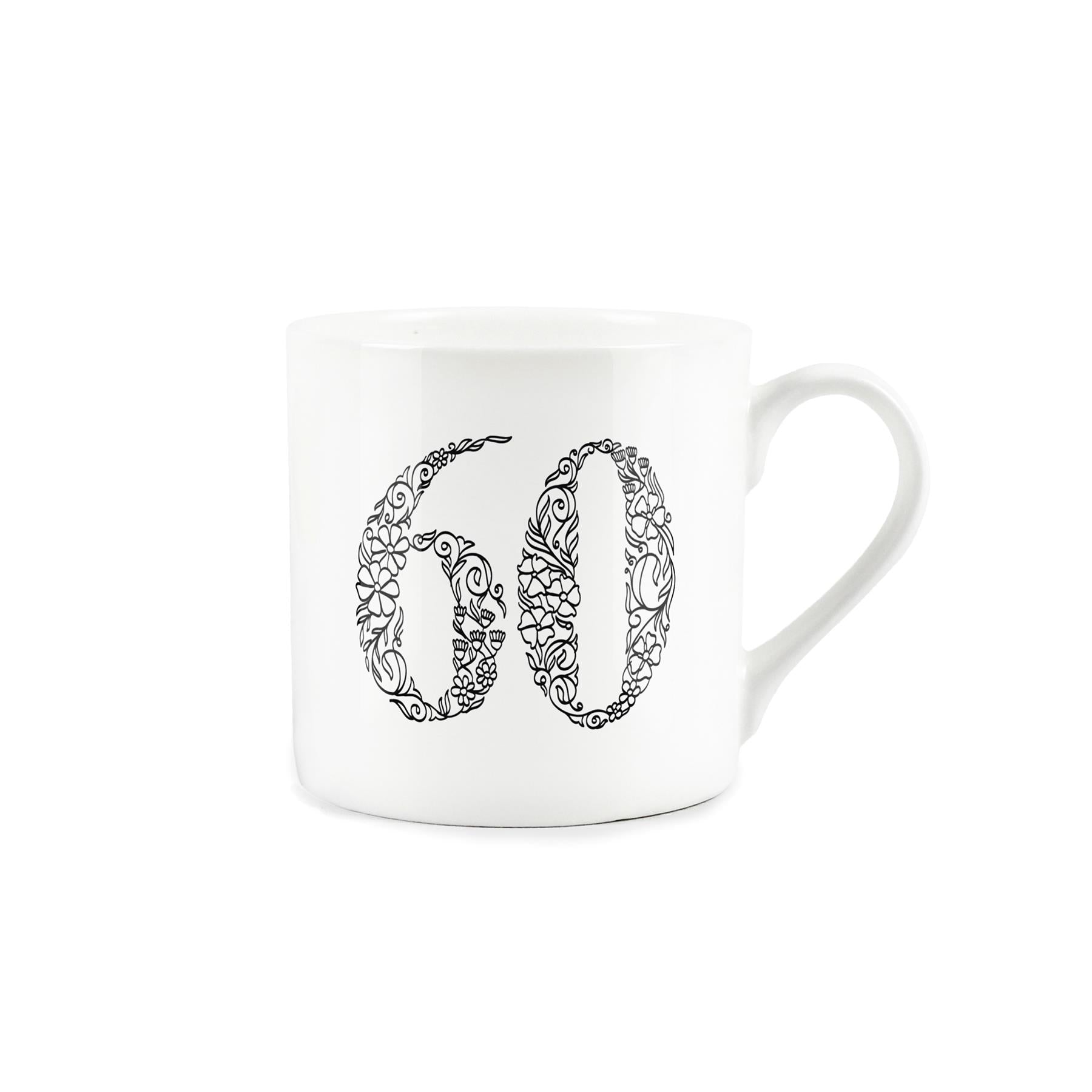 White bone china mug featuring number 60 in black floral line drawing