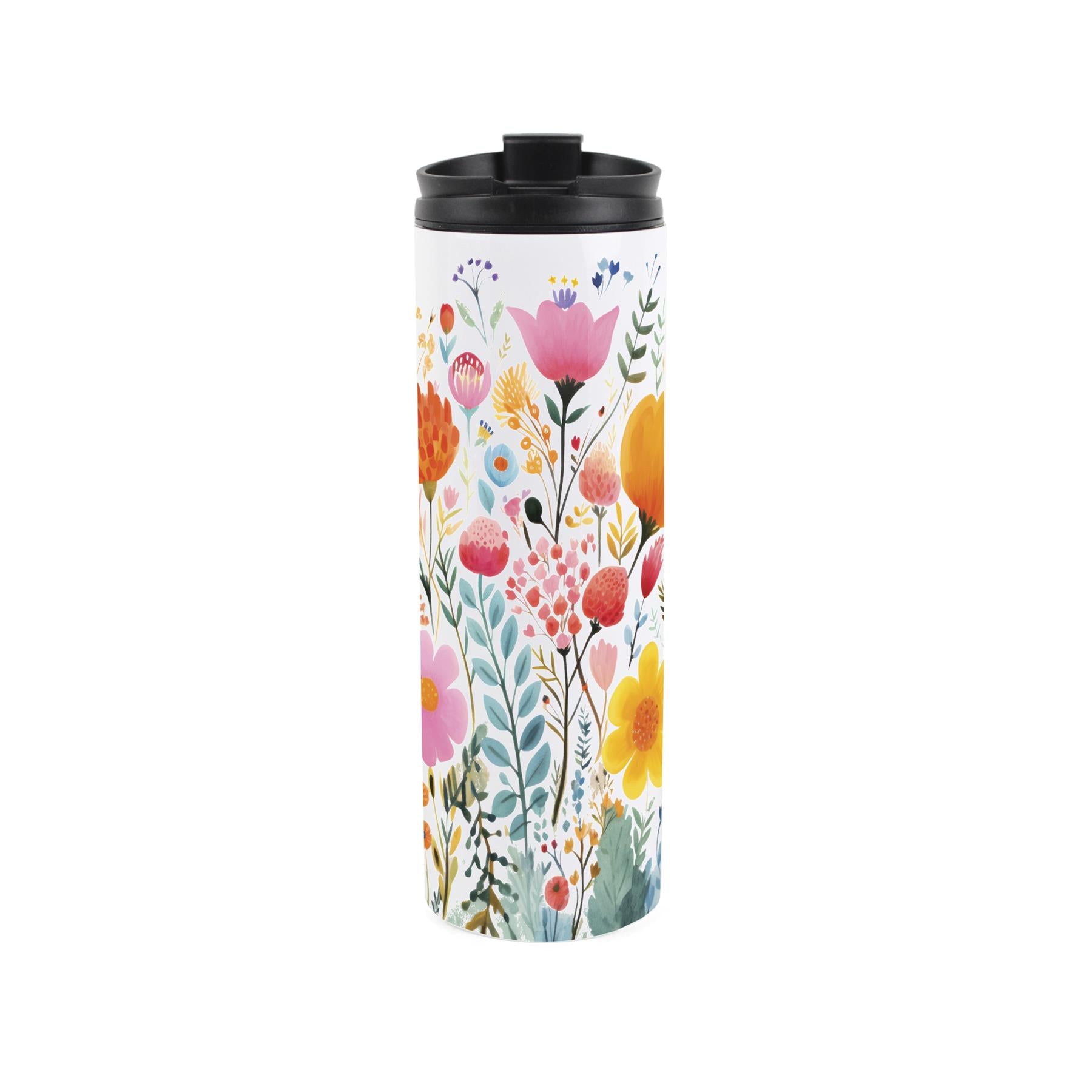 Travel mug featuring brightly colour flowers