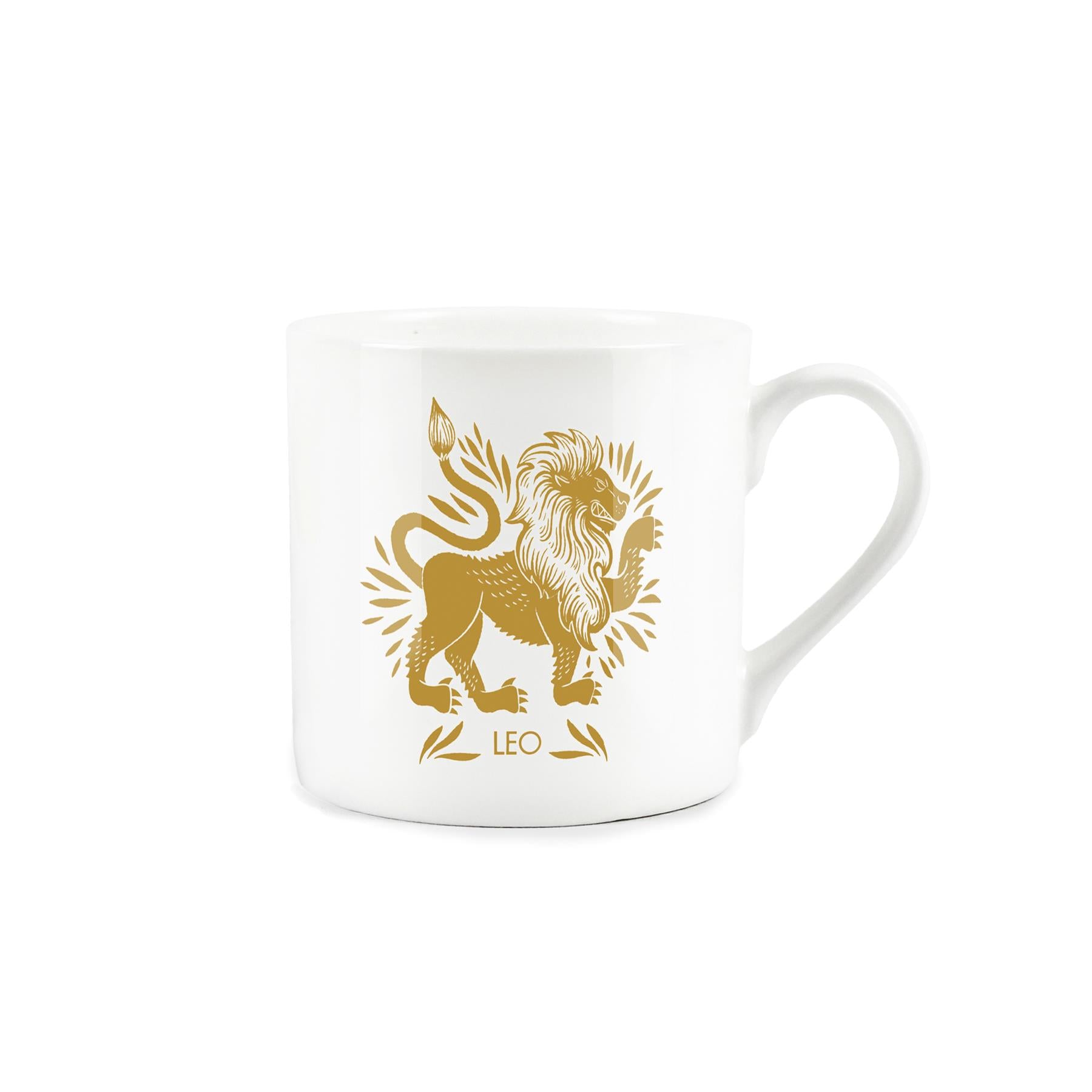 White bone china mug with colourful zodiac golden leo design