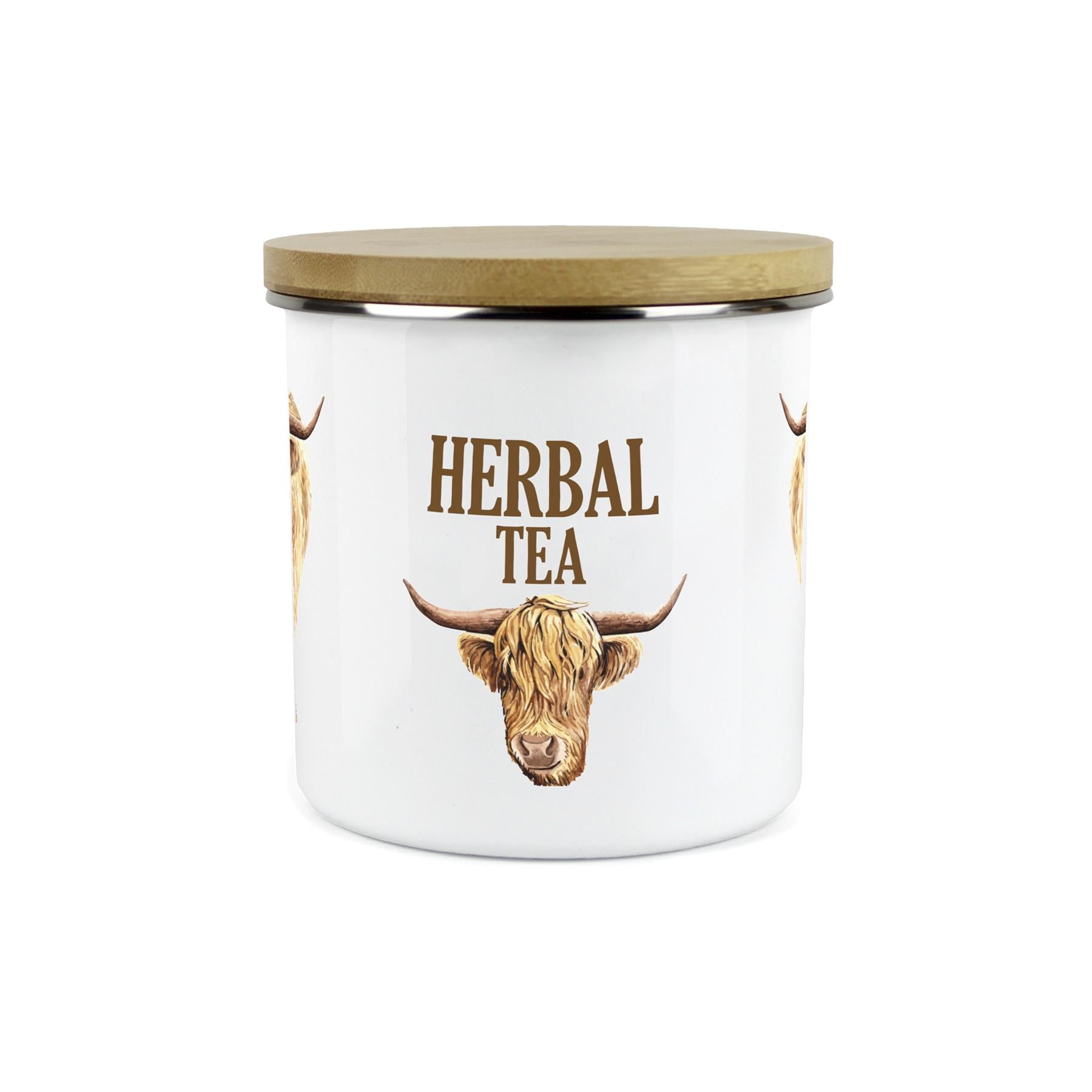 Herbal Tea Highland Cow Storage Canister - Enamel & Bamboo Kitchen Storage Jar