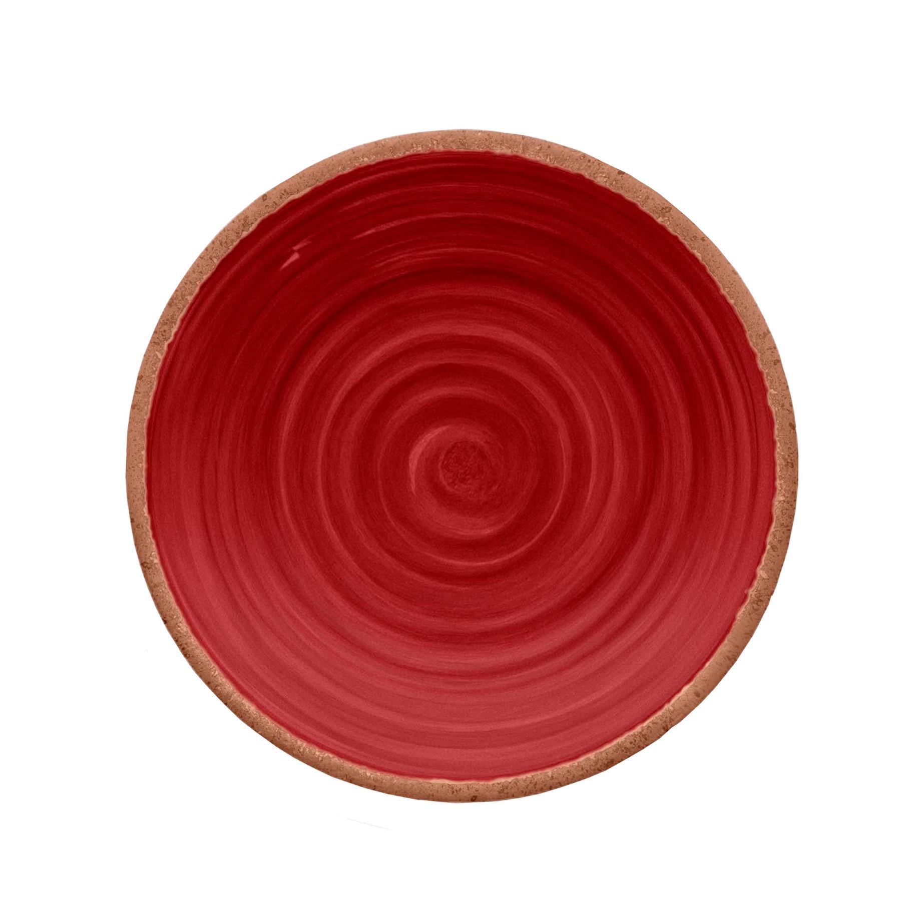 Melamine side plate featuring vibrant red swirl design and terracotta rim