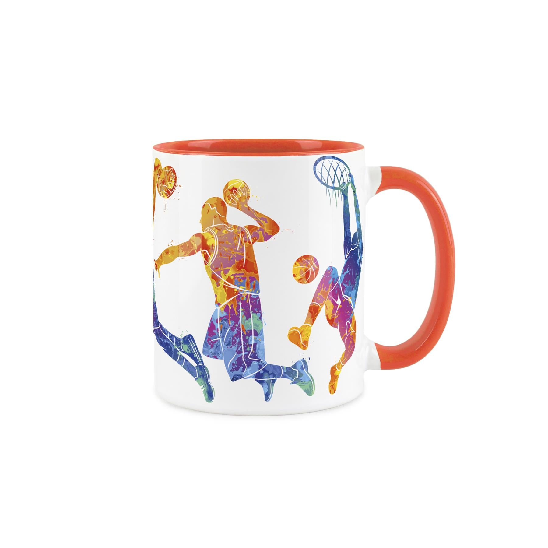 White ceramic mug featuring vibrant, paint-splattered depiction of people playing rugby