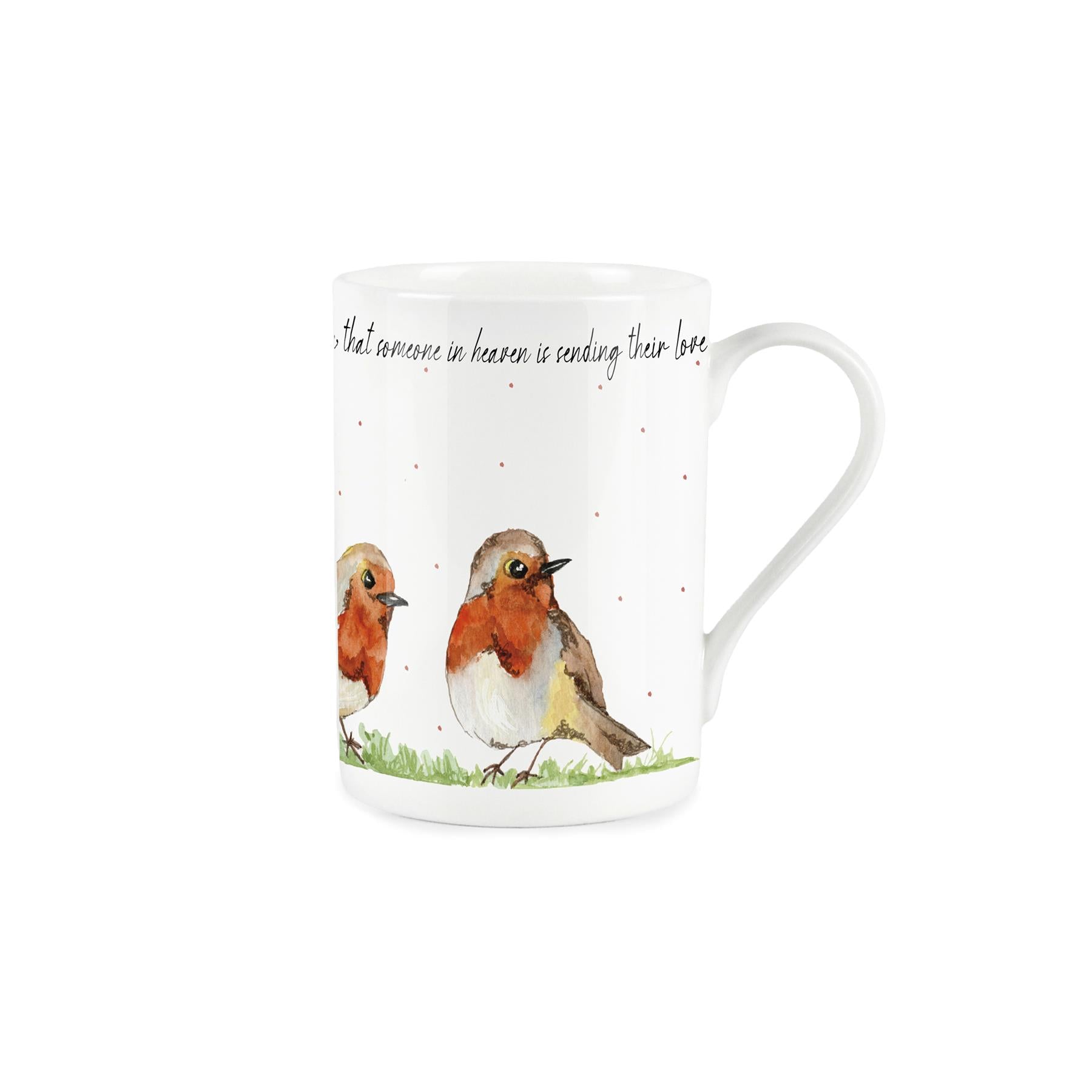 White bone china mug with commemorative robins in heaven design