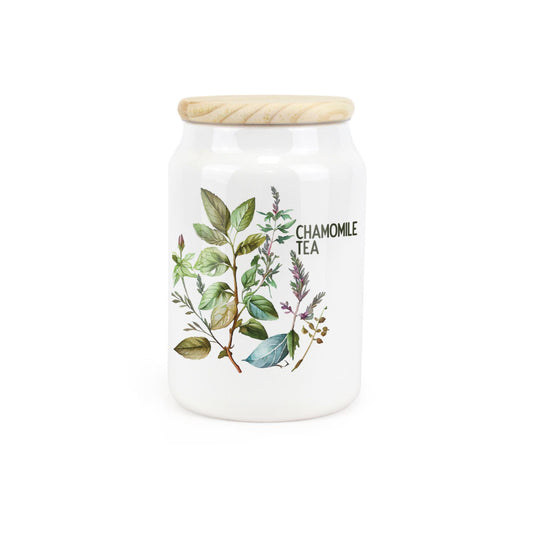 White ceramic canister featuring watercolour herb print design.