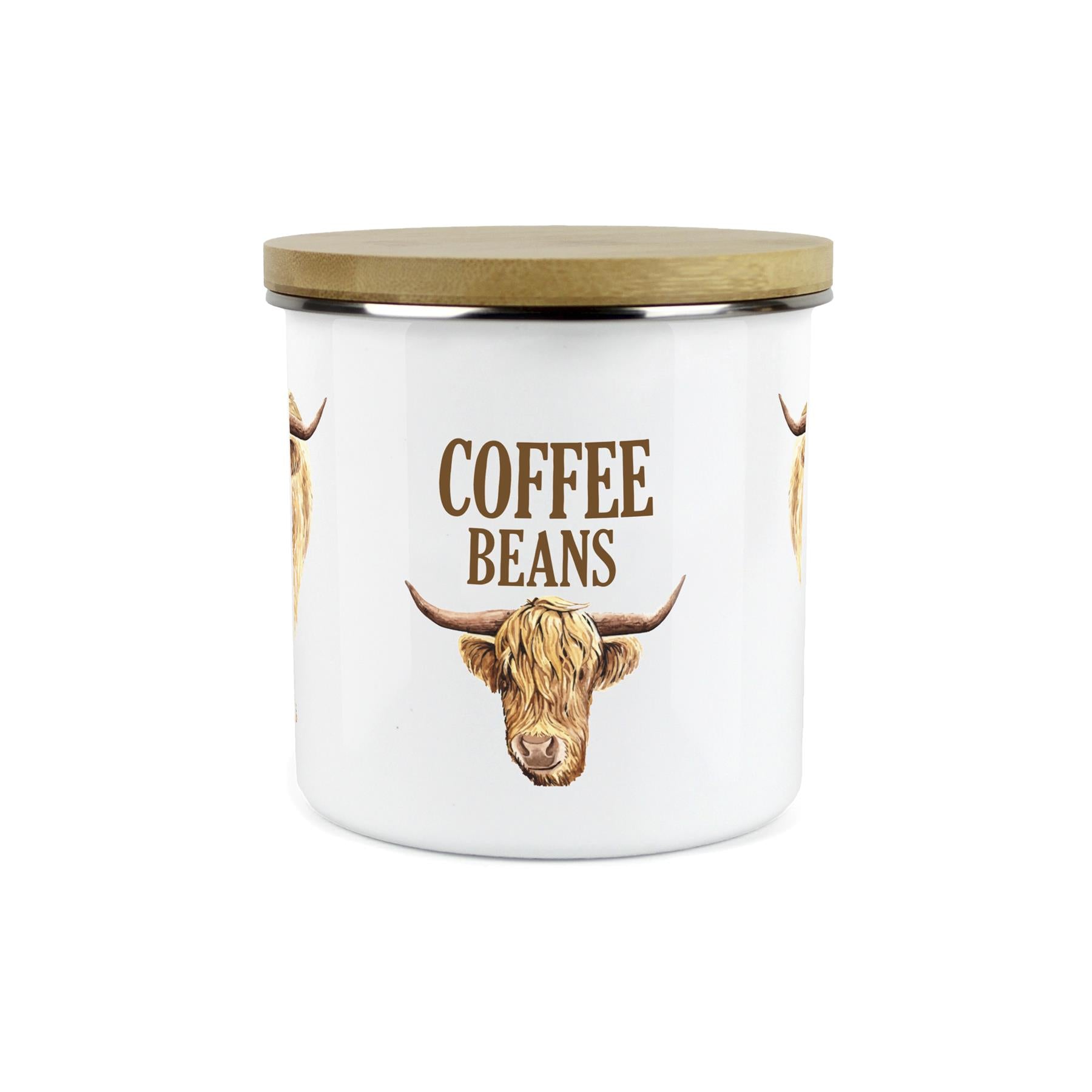 Coffee Beans Highland Cow Storage Canister - Enamel & Bamboo Kitchen Storage Jar