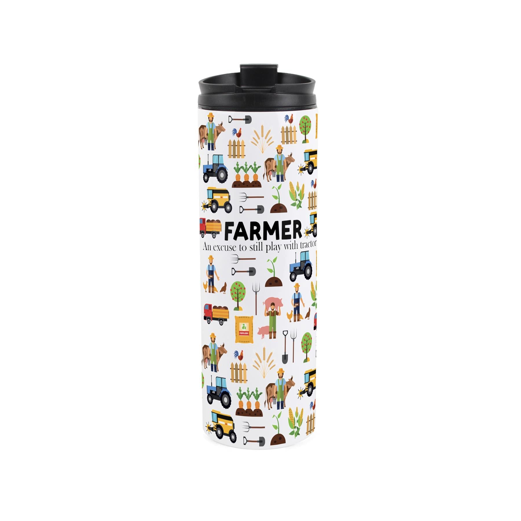 Travel mug featuring farmer pattern
