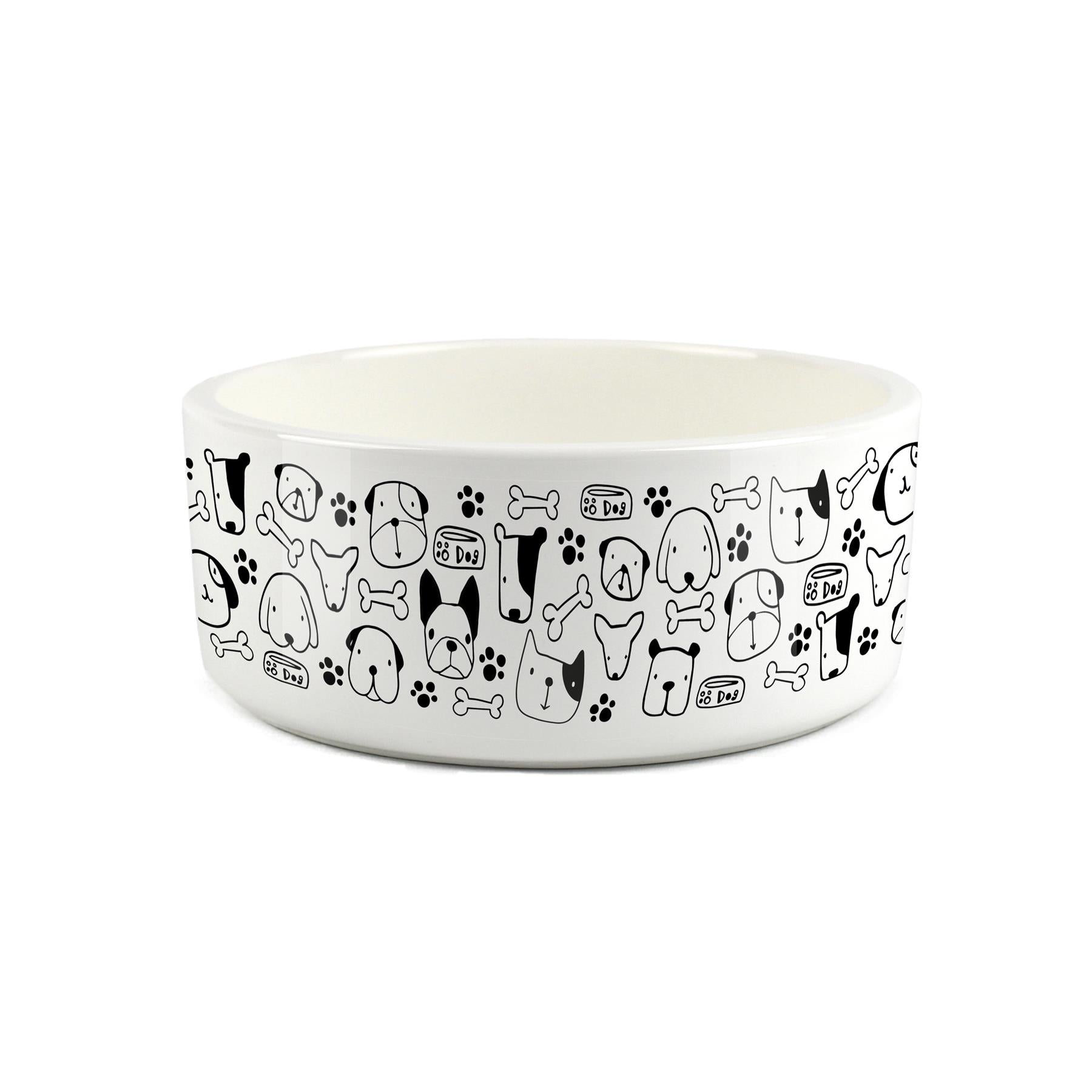 White ceramic pet bowl featuring printed dog portraits