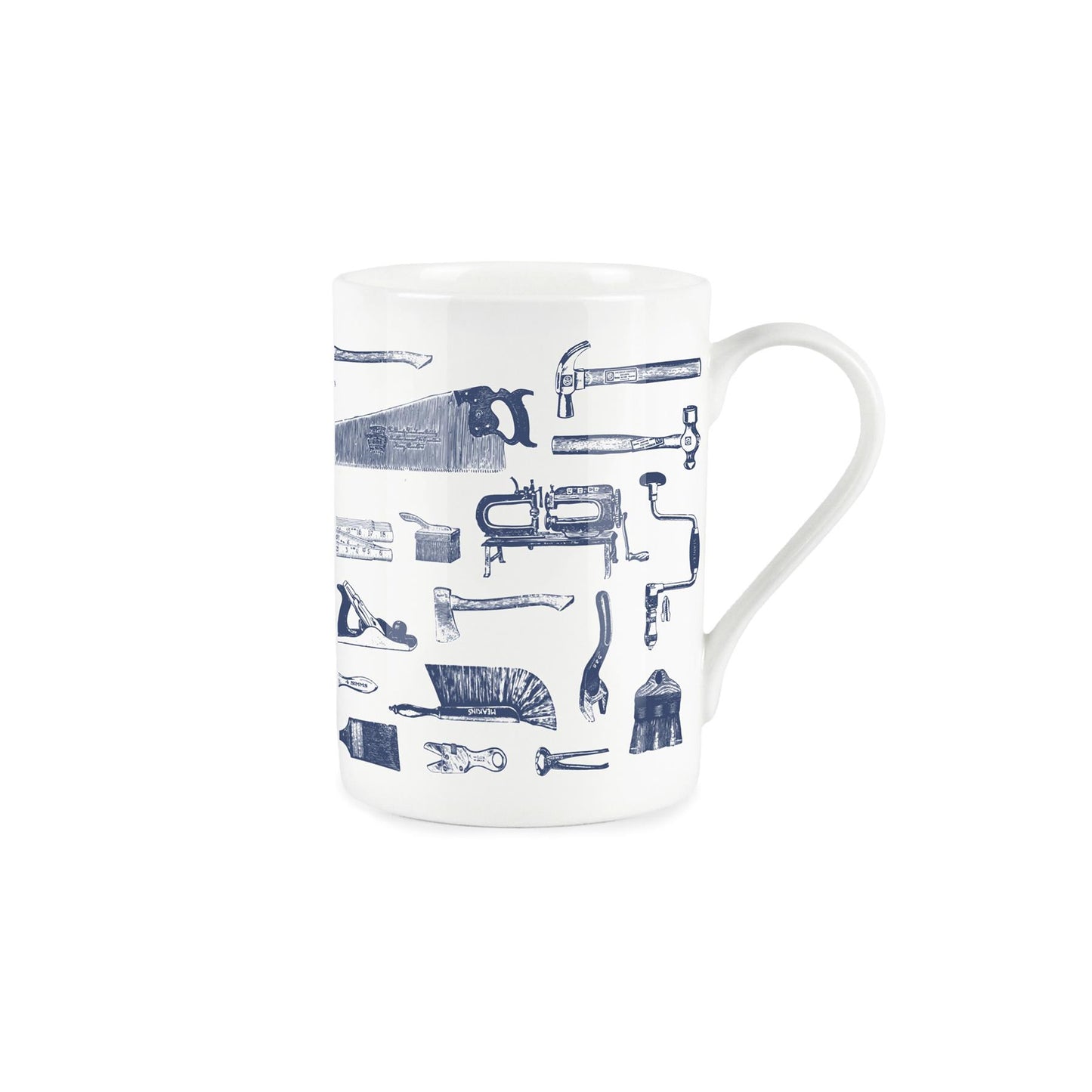 White bone china mug with vintage blue tool design