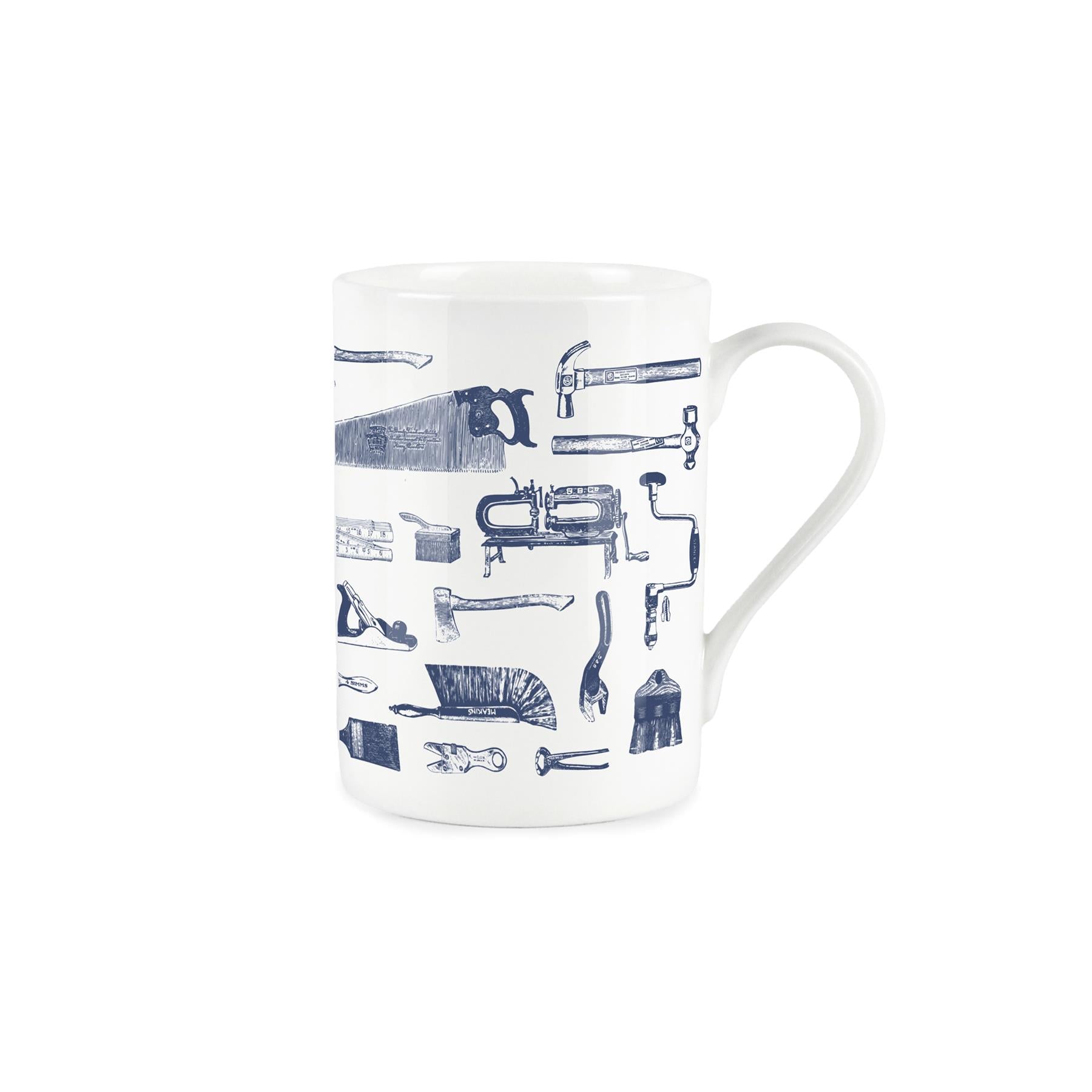 White bone china mug with vintage blue tool design
