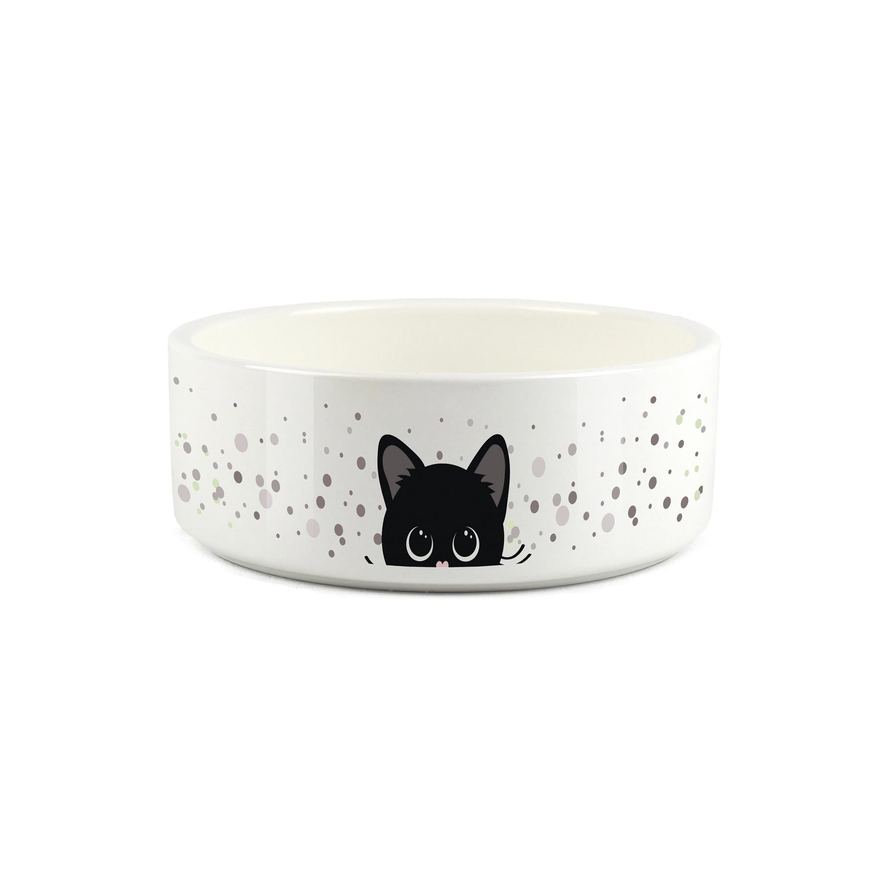 White ceramic pet bowl featuring cute peeping kitten design