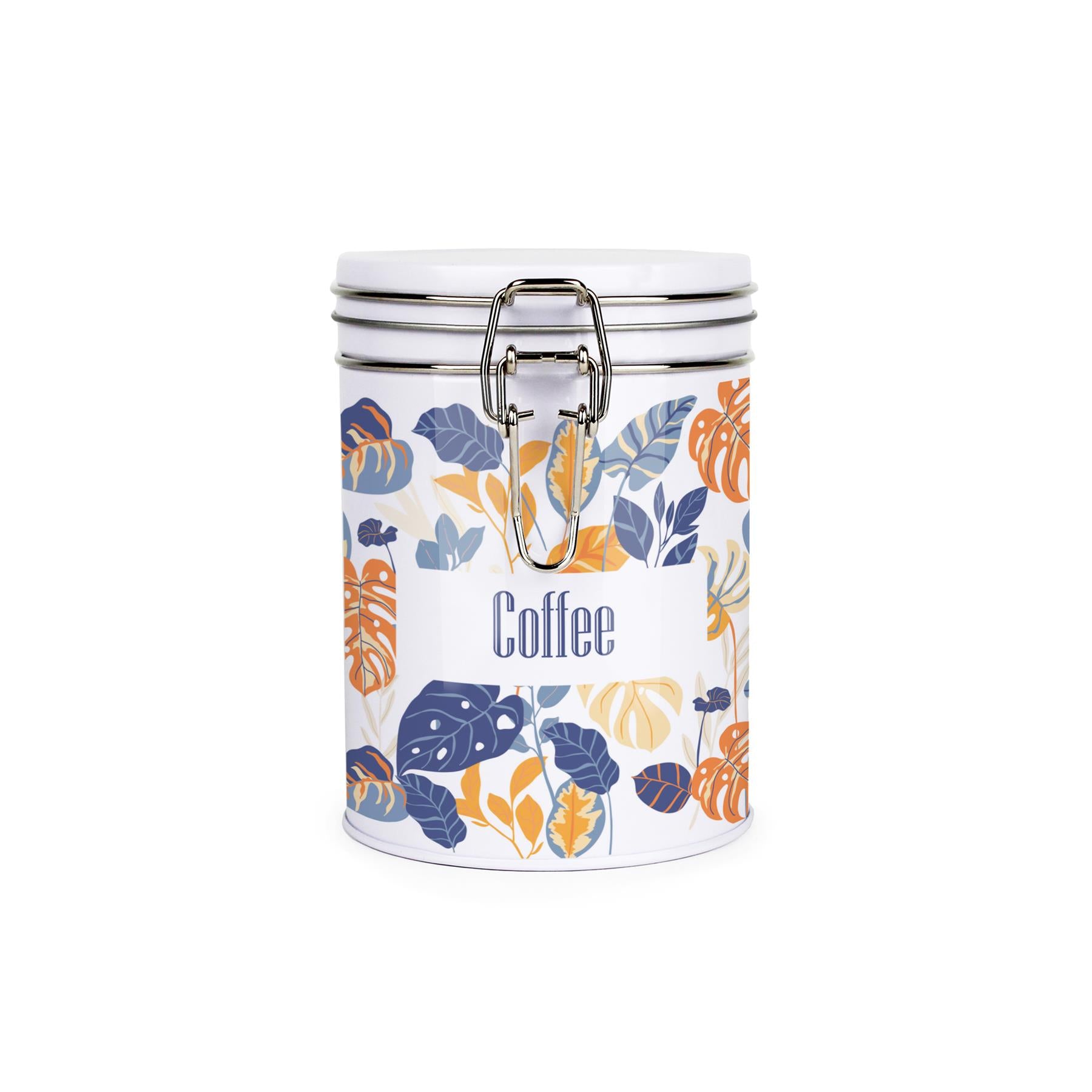 Metal canister with metal clip and lid featuring a bright, tropical leaves pattern in orange, cream, and blue shades and coffee text