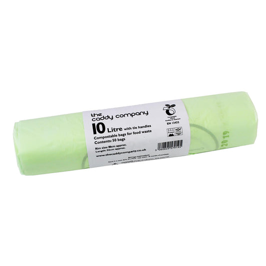10L Tie Handle Compostable Bags, 100% biodegradable and compostable, perfect for medium-sized households.