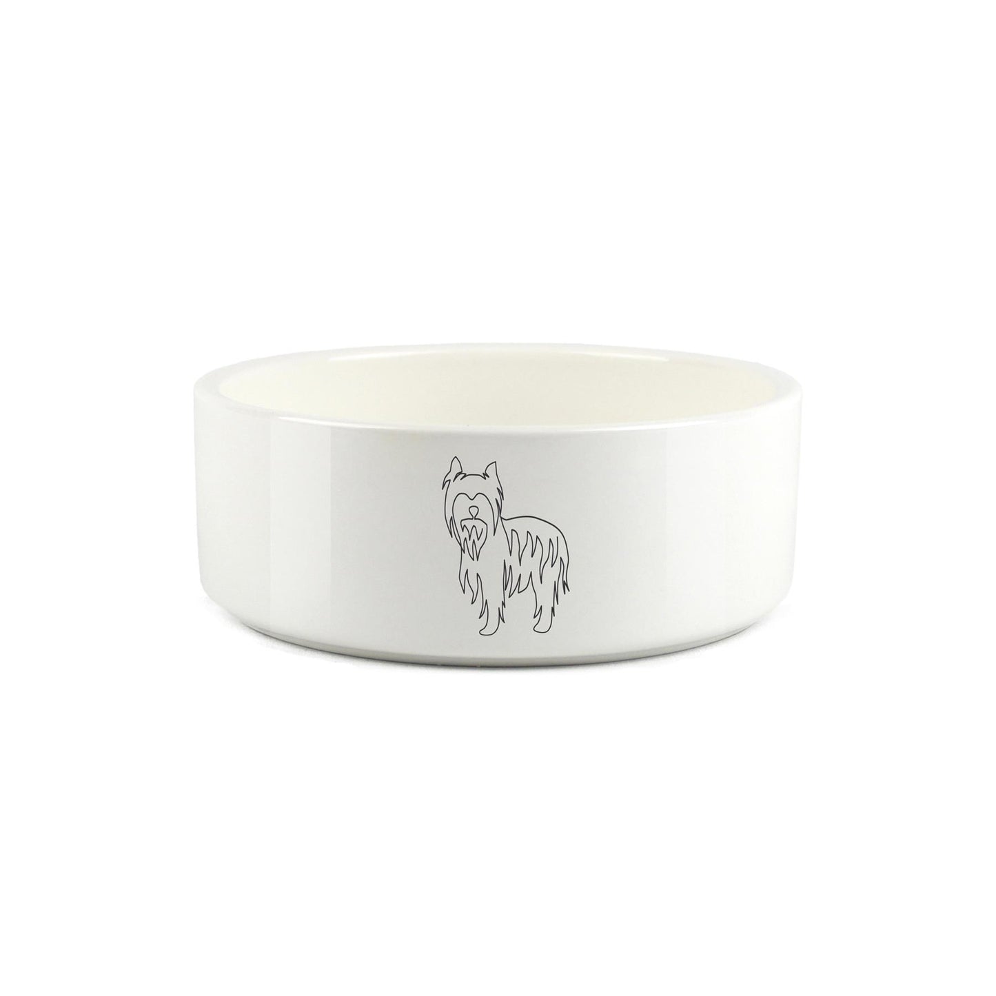 Minimalist line drawing of yorkshire terrier standing on white ceramic pet bowl