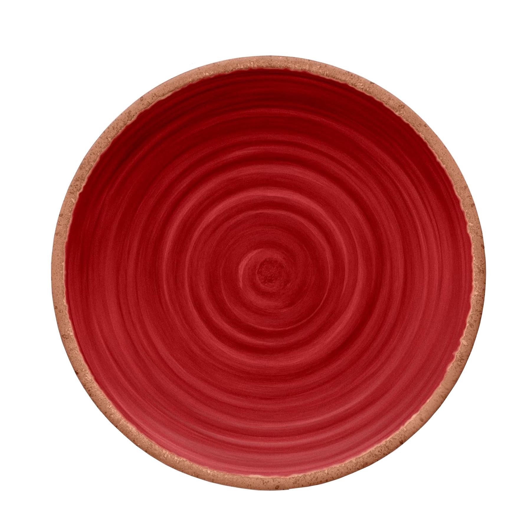 Melamine dinner plate featuring vibrant red swirl design and terracotta rim
