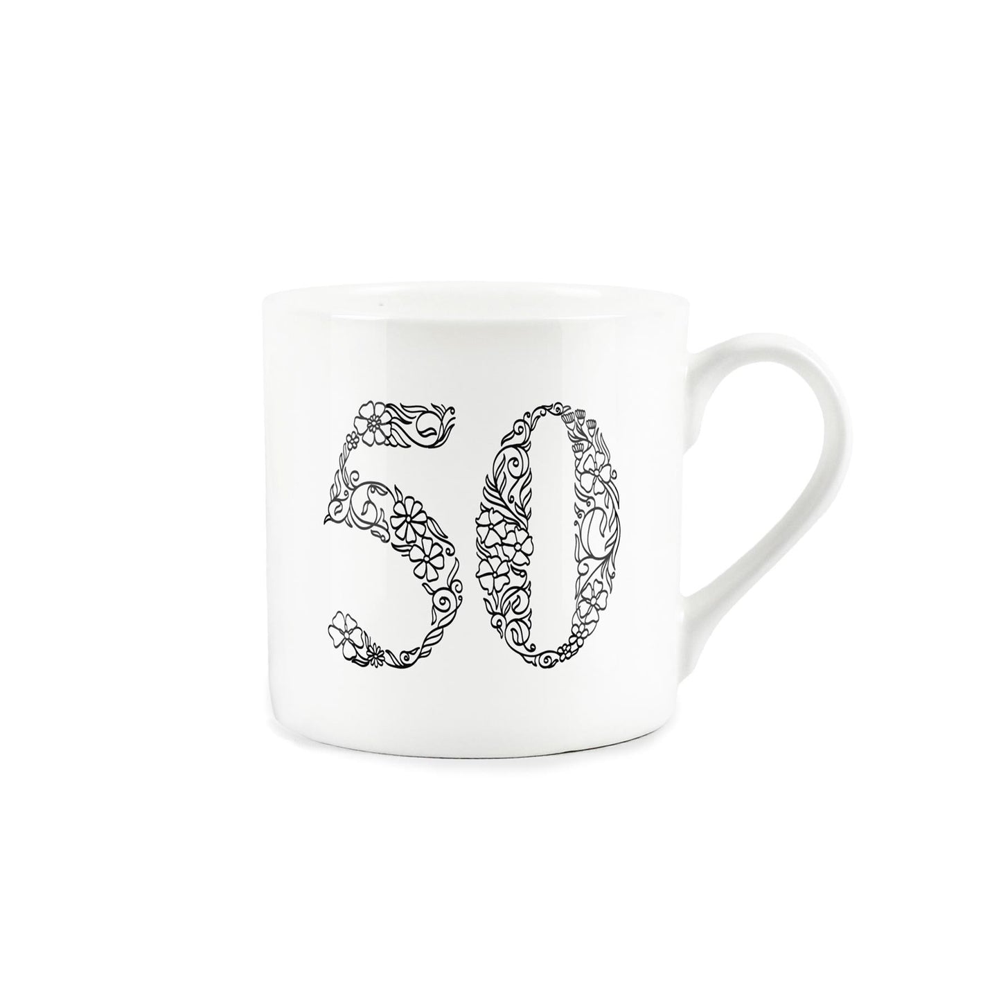 White bone china mug featuring number 50 in black floral line drawing