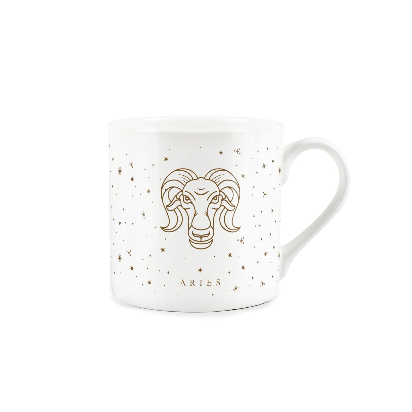 A white mug adorned with a golden zodiac design: aries