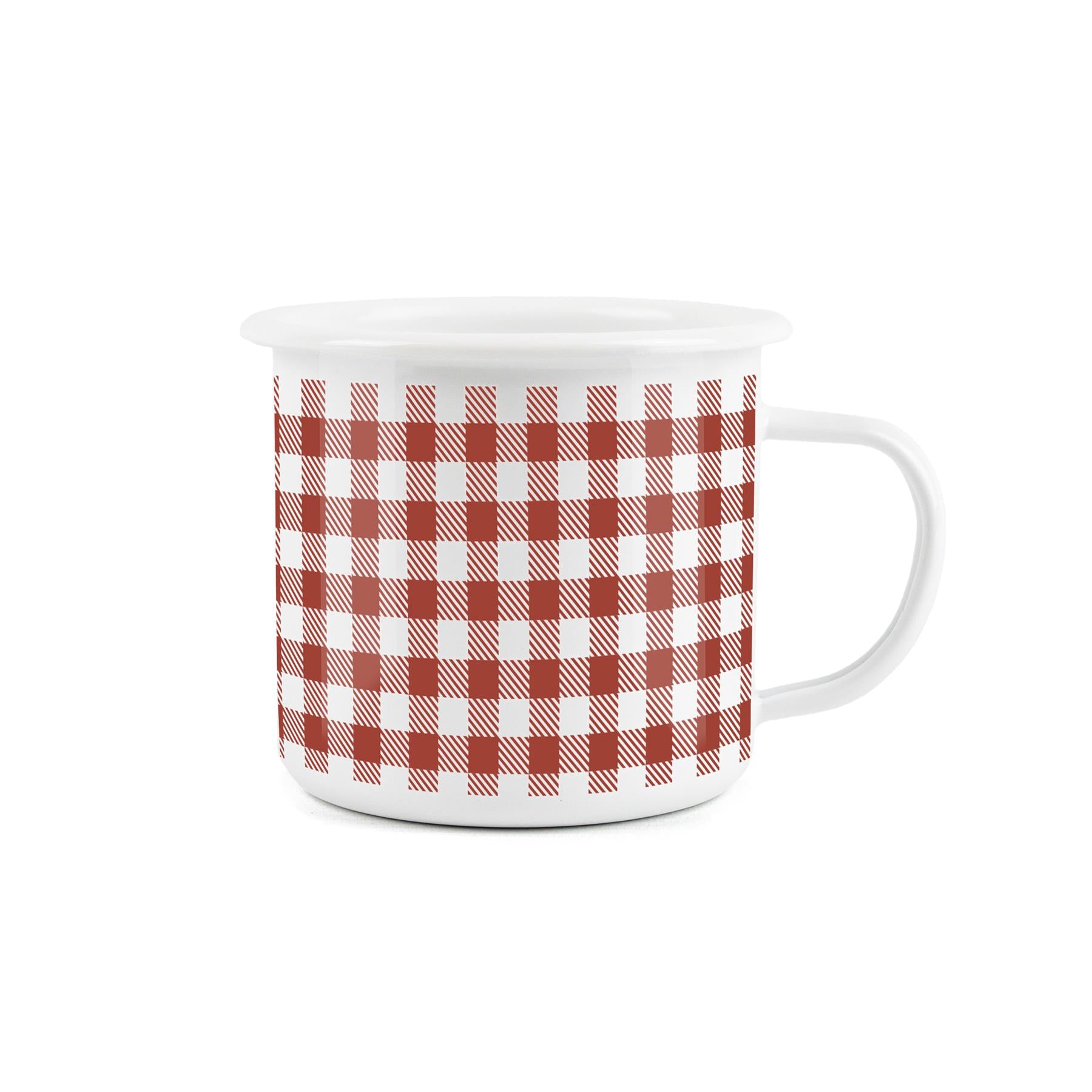 Red gingham enamel mug for outdoor adventures, featuring a durable design for summer activities.