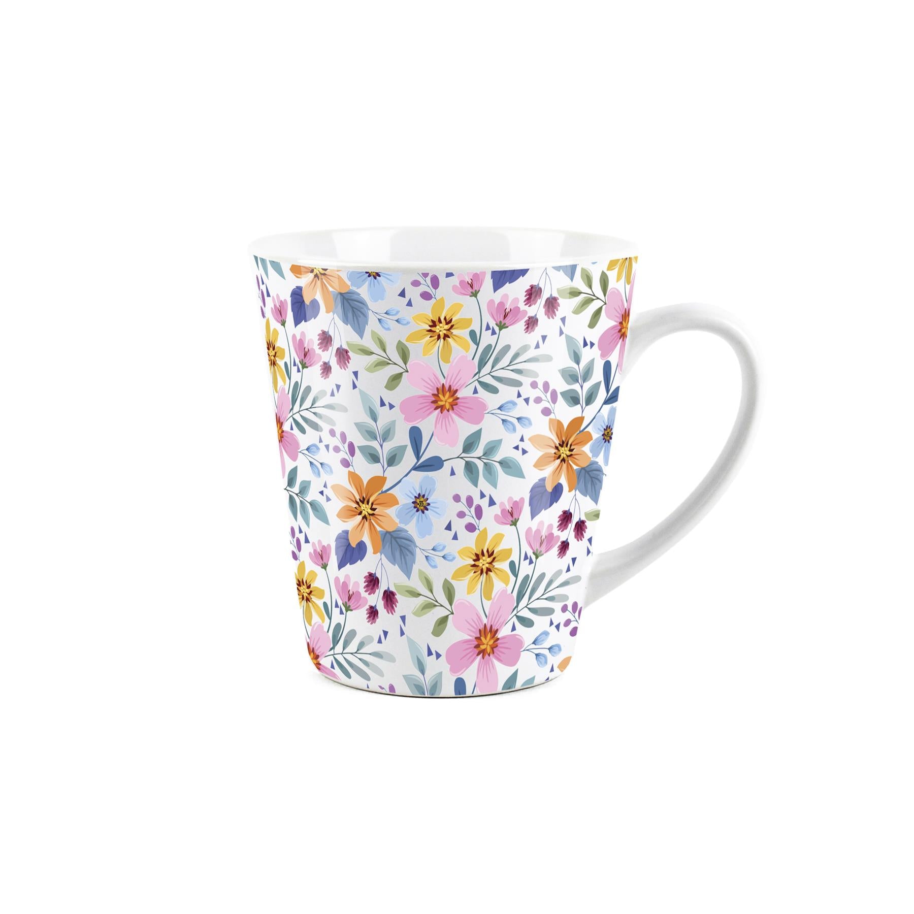 Small white latte mug featuring a multiflower design