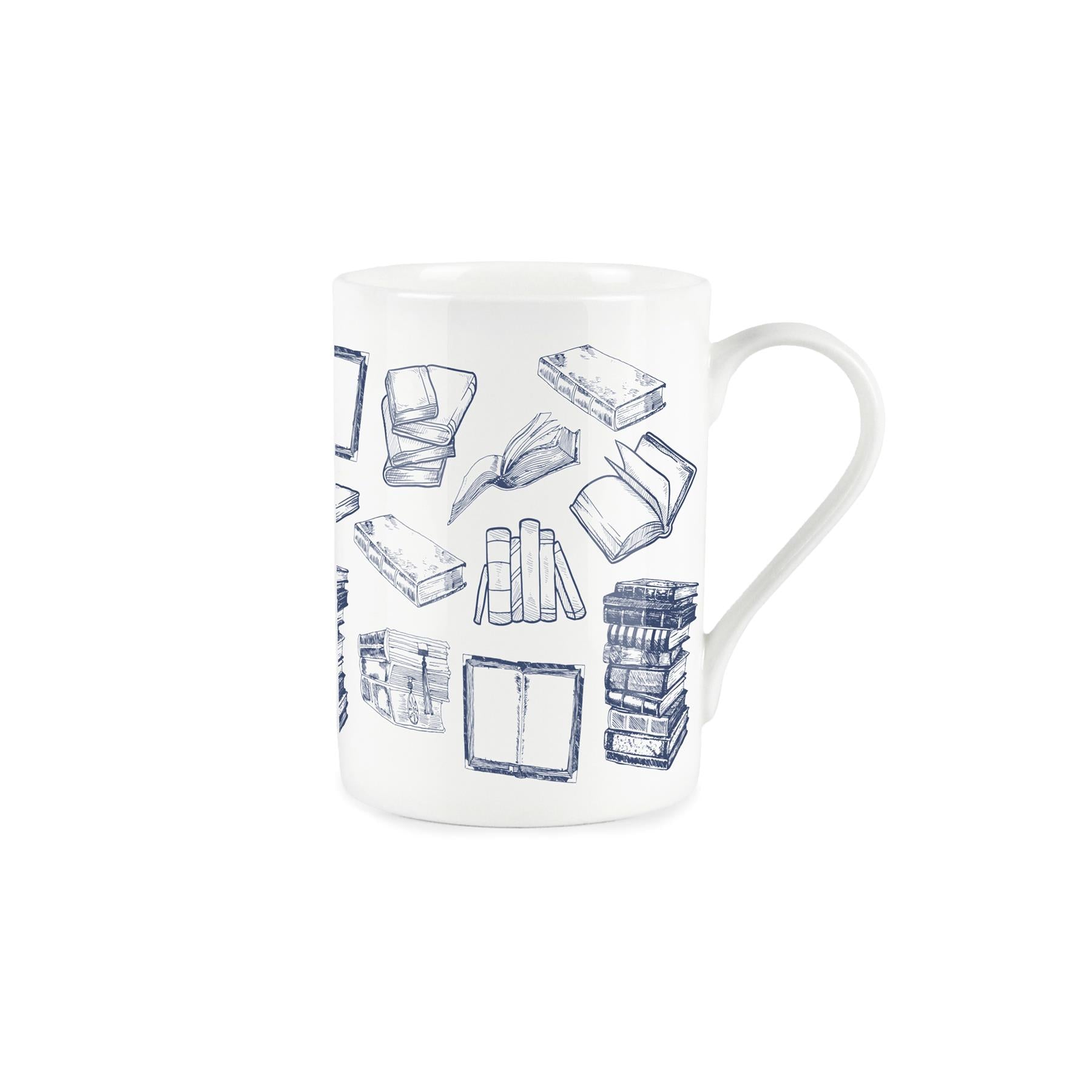 White bone china mug with vintage blue book design