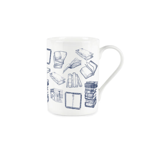 White bone china mug with vintage blue book design