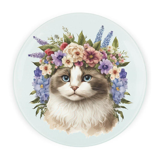 Round glass worktop protector with ragdoll cat and flower crown design