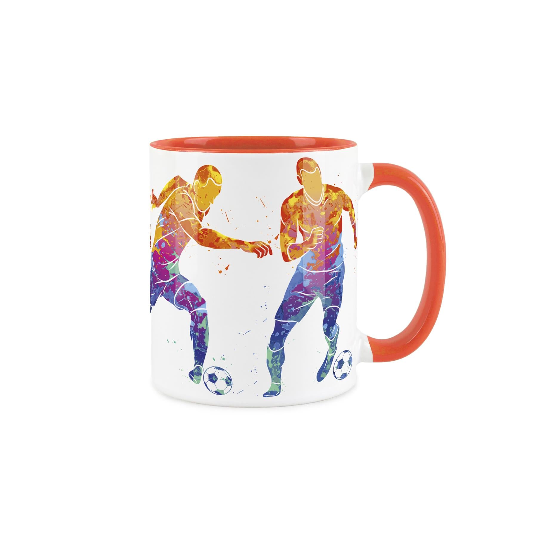 White ceramic mug featuring vibrant, paint-splattered depiction of people playing basketball